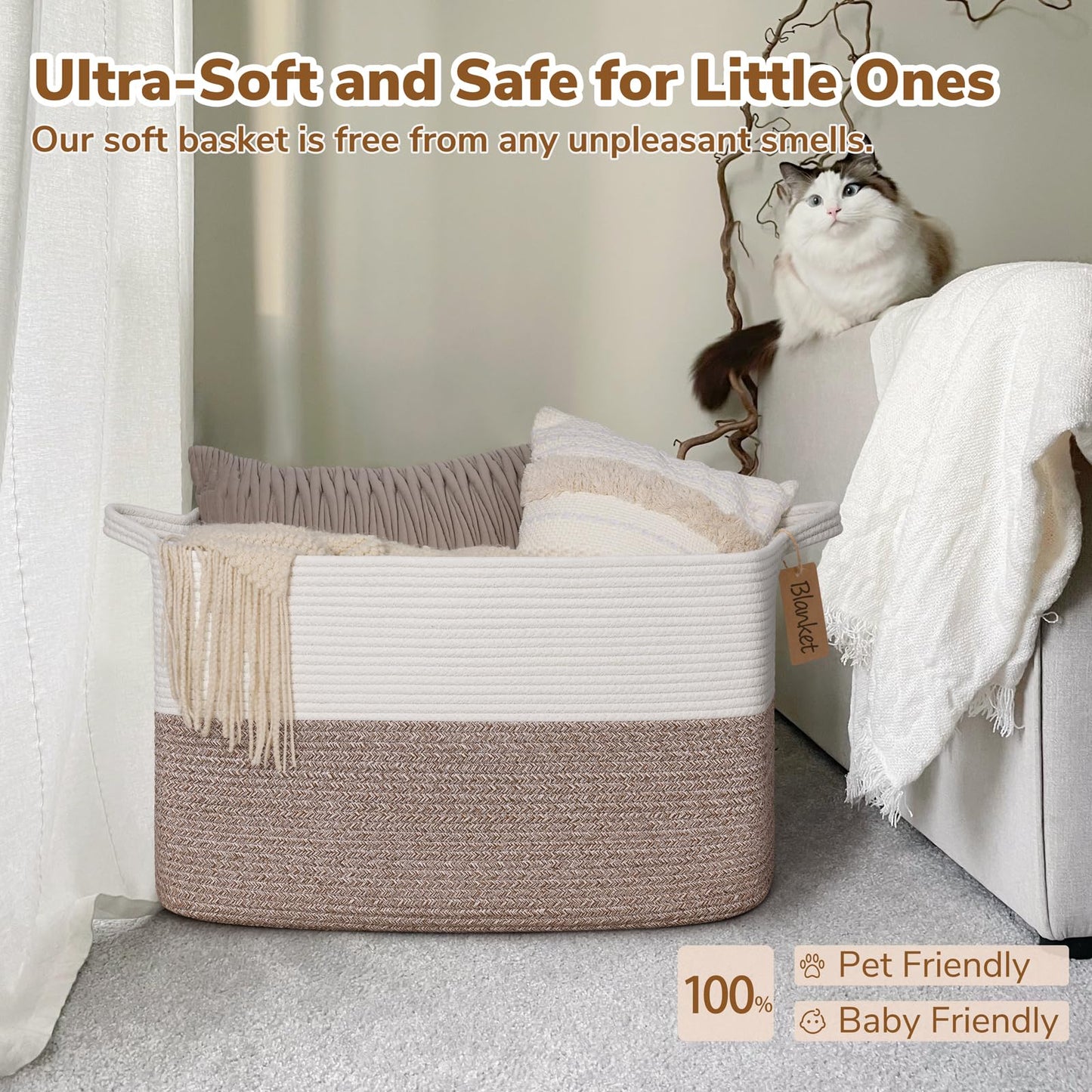 TIMEYARD 75L Large Woven Storage Basket Cotton Rope Blanket Laundry Basket