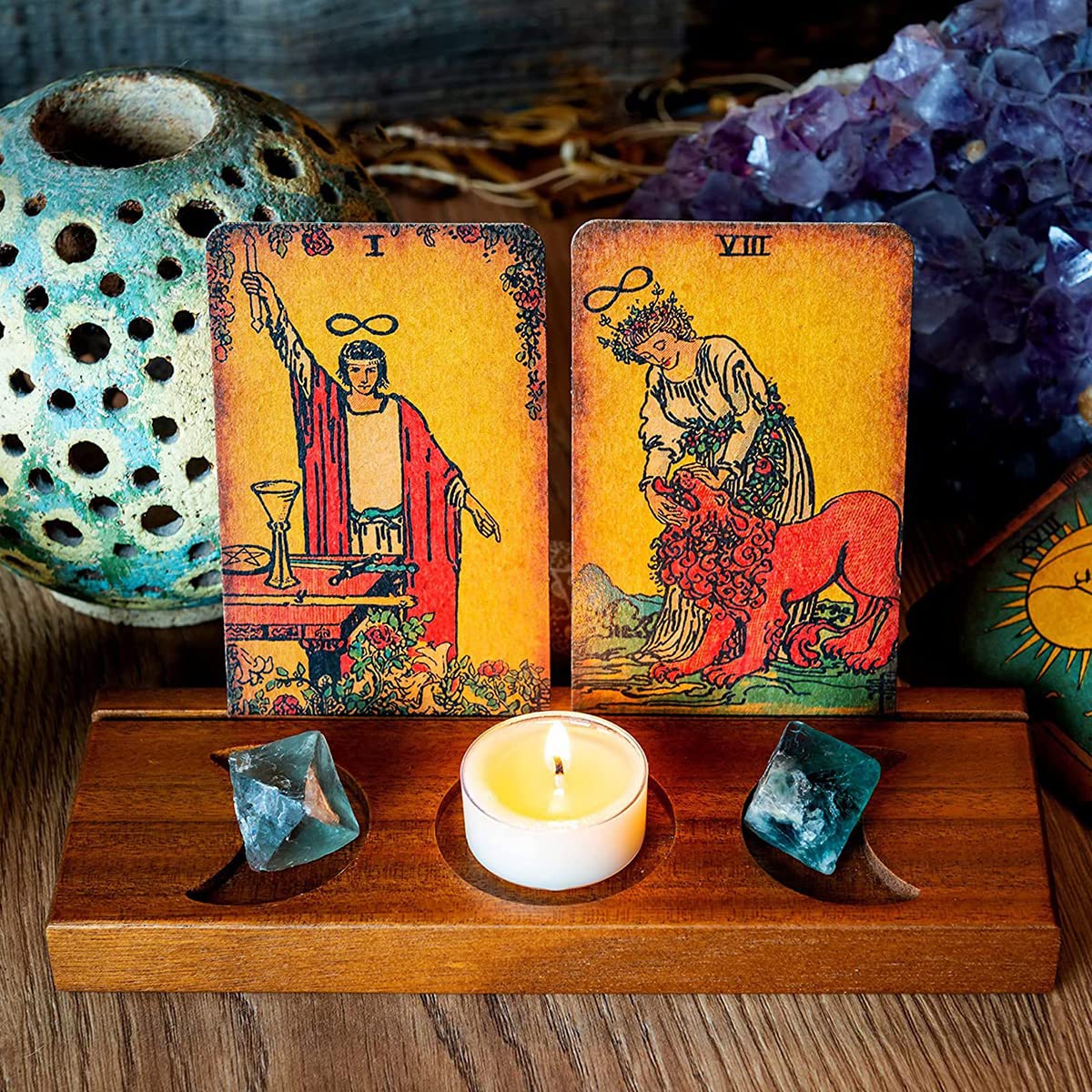 Ghopy Tarot Card Holder Stand Wooden Tarot Card Stand Triple Moon Phases Symbol Tarot Card Display Stands for Stones Cards Reading Accessories Tarot