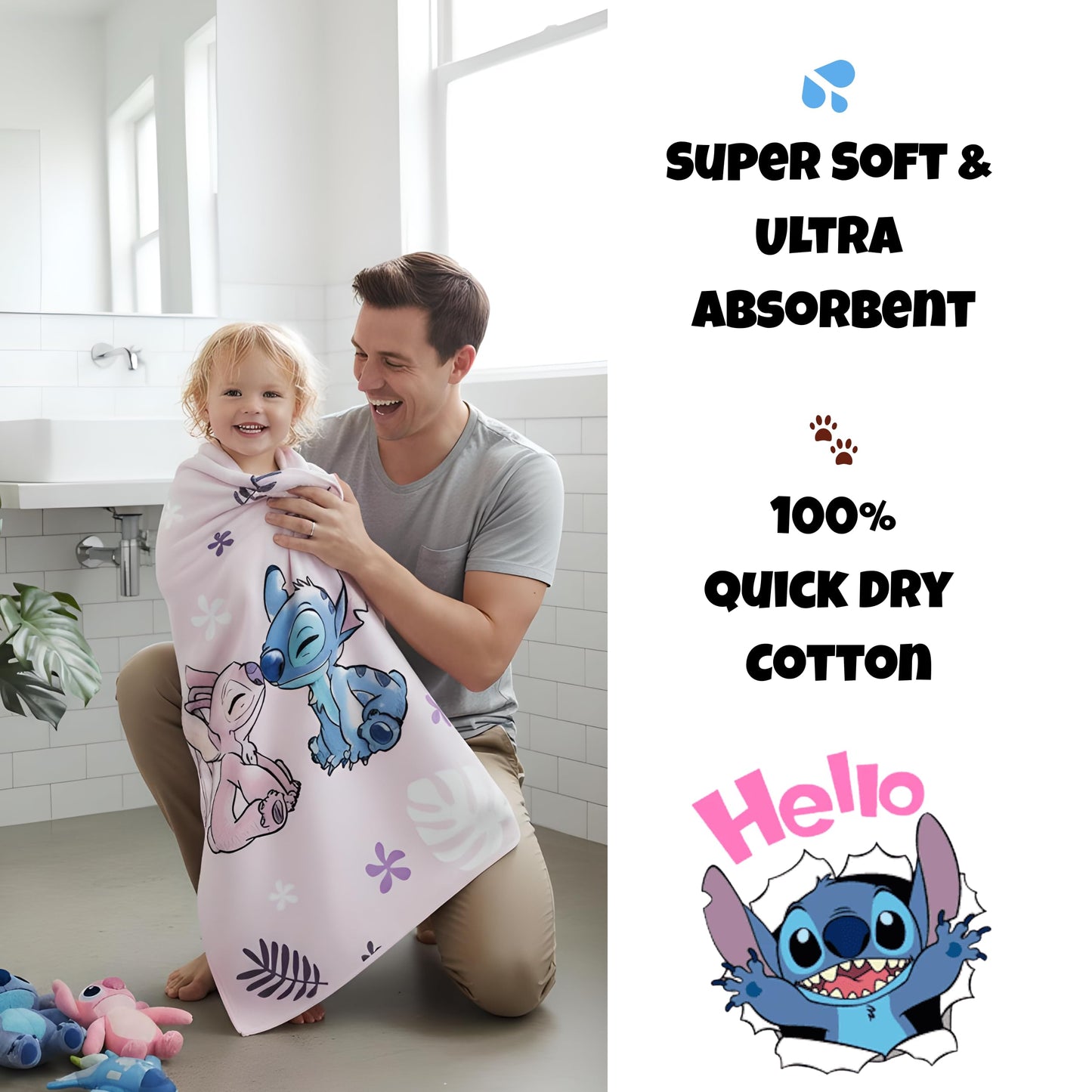 BrandMac Disney Stitch & Angel Beach & Bath Towel 70x140cm, 100% Cotton | Soft & Absorbent Kids Bath & Swim Towel | Official Stitch Towel
