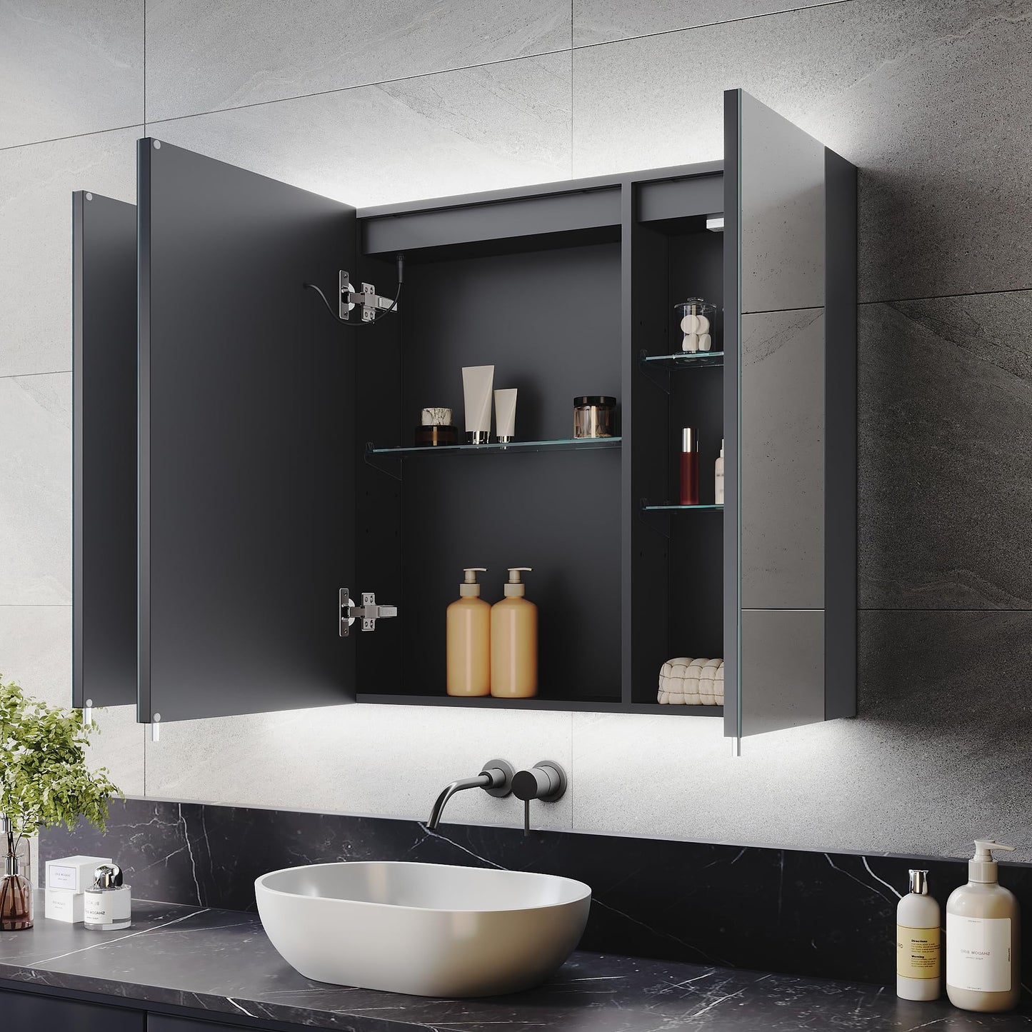 ELEGANT 900x650mm Illuminated LED Bathroom Mirror Cabinet with Shaver Socket Triple Door Wall Mirror Cabinets with 3-Color Infinitely Dimmable and