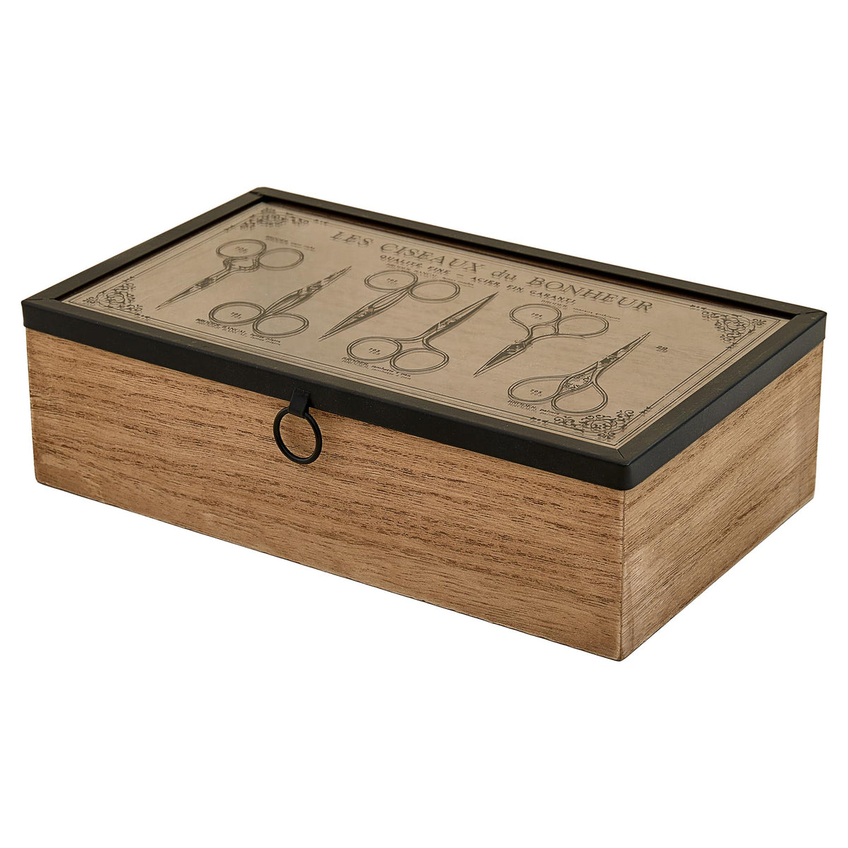Trimits Wooden Sewing Box 24 x 14 x 7cm - Sewing Kit Box Craft and Jewellery Organiser with Clear Acrylic Lid and Vintage Scissor Design
