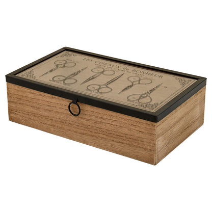 Trimits Wooden Sewing Box 24 x 14 x 7cm - Sewing Kit Box Craft and Jewellery Organiser with Clear Acrylic Lid and Vintage Scissor Design
