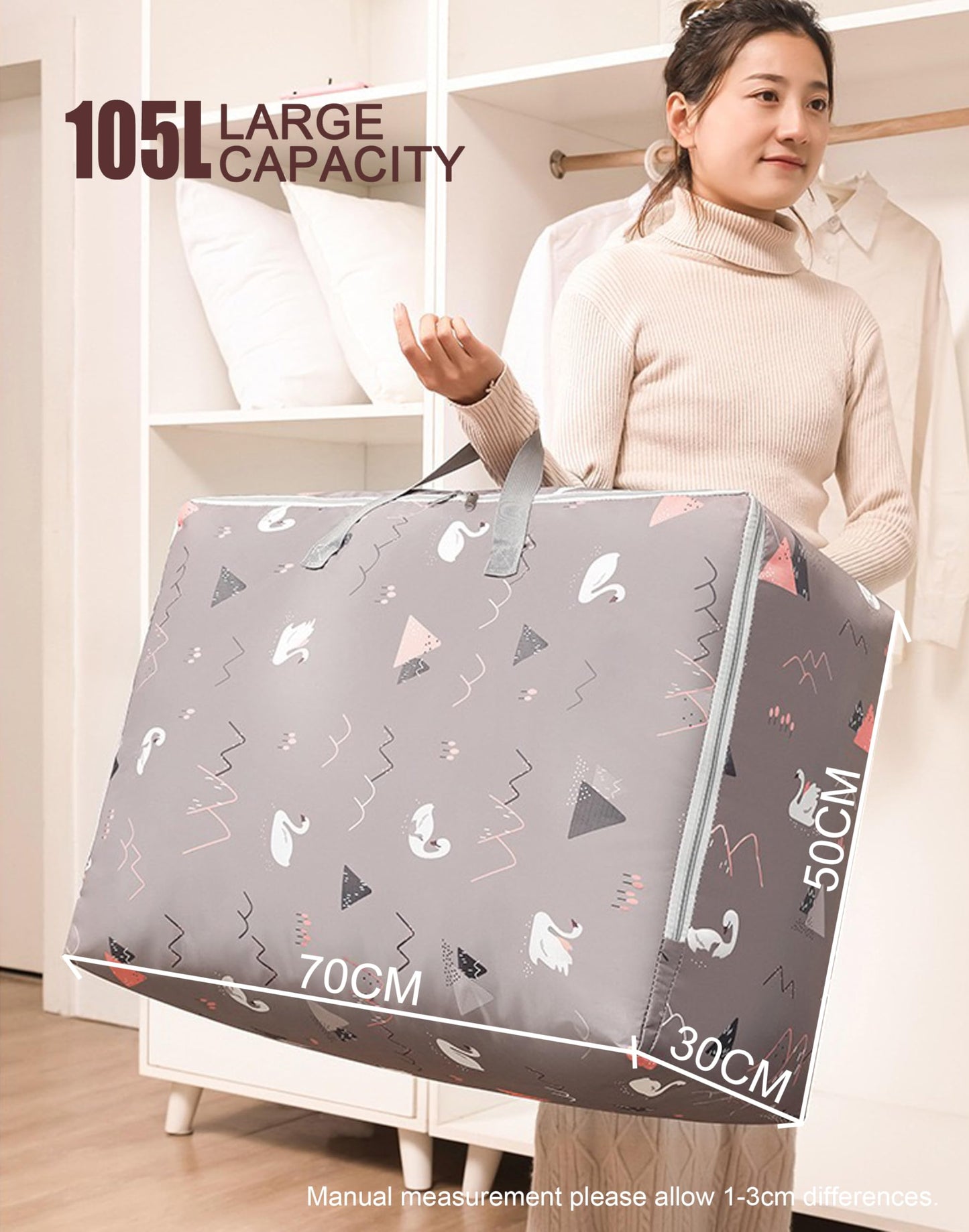 105L Large Storage Bag,Thicken Oxford Moving Bag Underbed Storage King Size with Zip Waterproof Moisture Proof for Clothes,Bedding,Pillows,Blankets