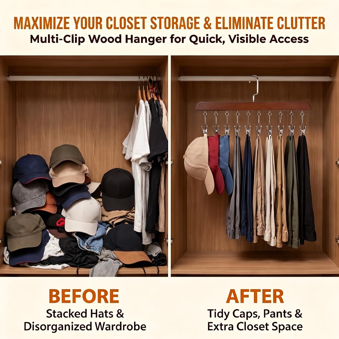 2PCS Wooden Trouser Hanger 10 Clips, Space Saving Closet Organiser
