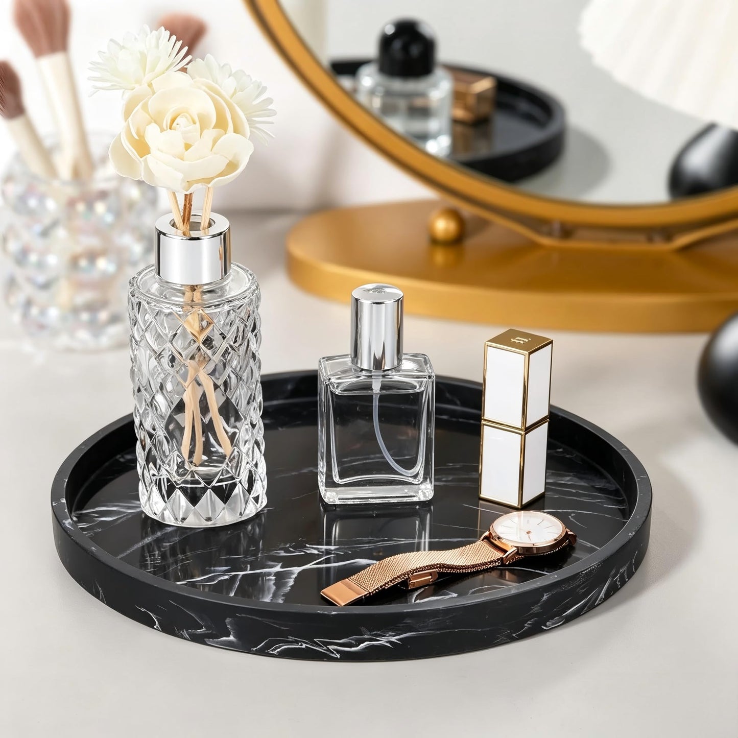 Silicone Bathroom Tray Round Vanity Tray Decorative Soap Holder Kitchen Countertop Organizer Coffee Table Decor for Candle, Perfume, Plant