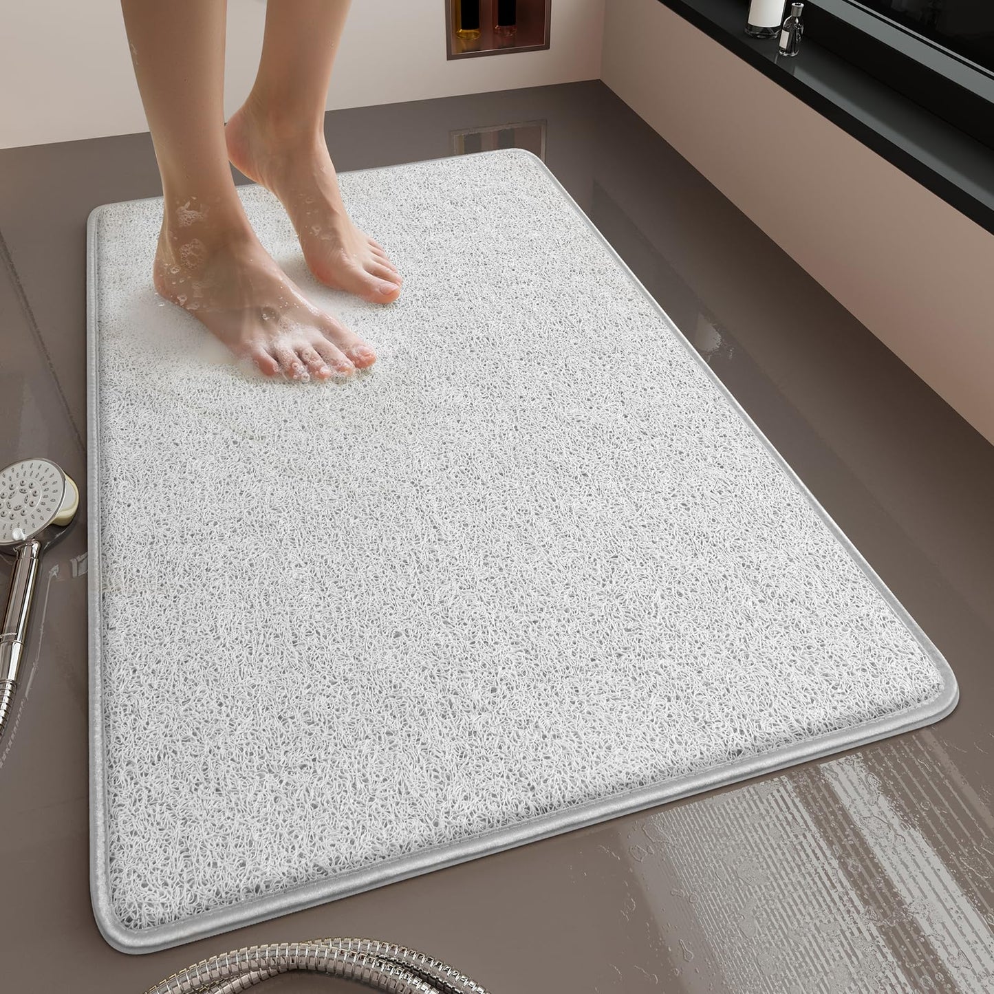 Muecleao Loofah Shower Mat, Non Slip Anti Mould Bath Mats with Reinforced Edge for Inside Shower, Washable Antibacterial Soft PVC Bath Mat with Drain