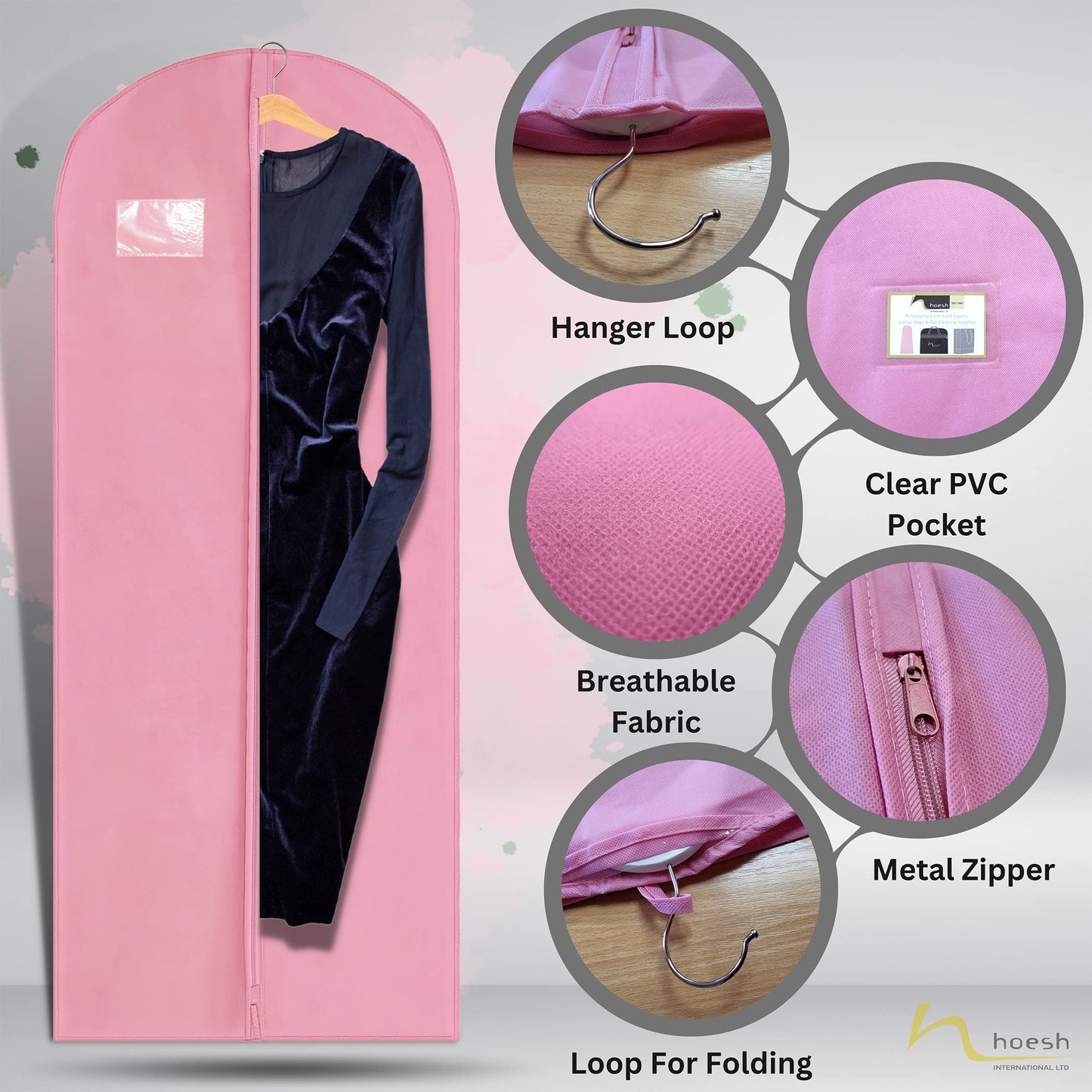 Hoesh UK Women Pink 60 Inches Breathable Bridesmaids Long Zip Wedding Gown Dress Travel Storage Garment Cover Bag