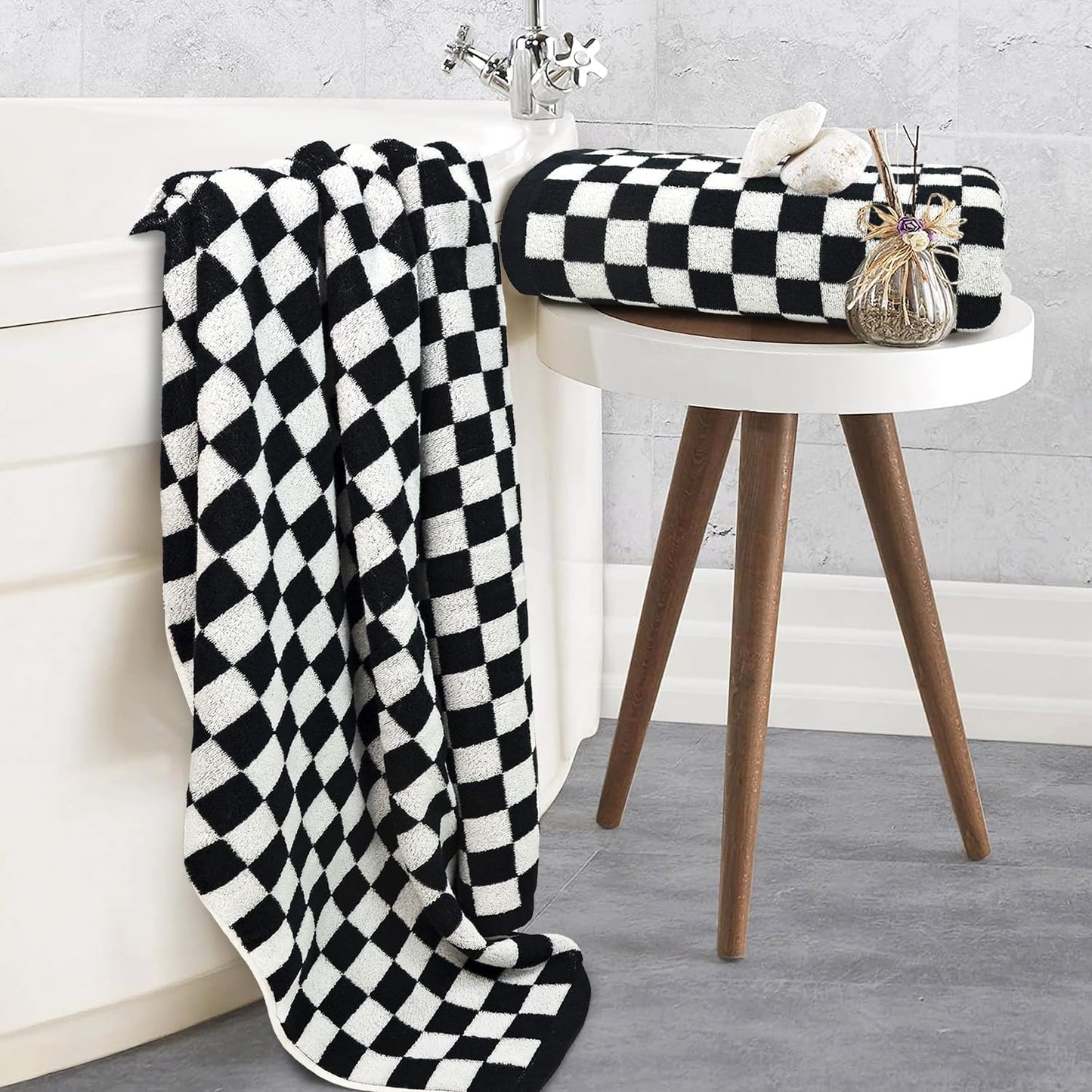 Jacquotha Black and White Checkered Bath Towels Set of 2-100% Cotton 27.5"x55" - Soft, Absorbent, Quick Dry Bath Towels for Bathroom, Pool, Beach, Spa