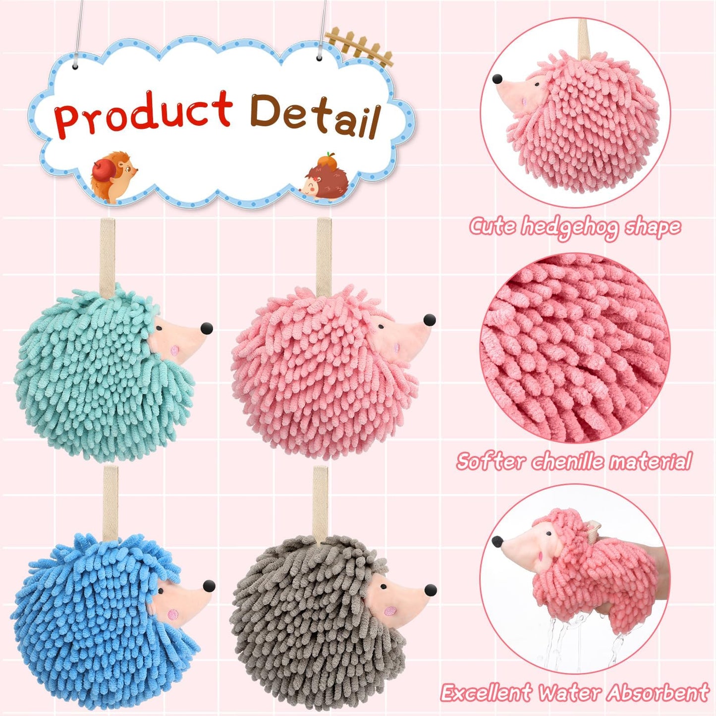 HULKAY 4 Pcs Chenille Hand Towels Hedgehog Decorative Towels Fuzzy Ball Hand Towels Creative Hand Towel Absorbent Small Hanging for Drying Hand Bath