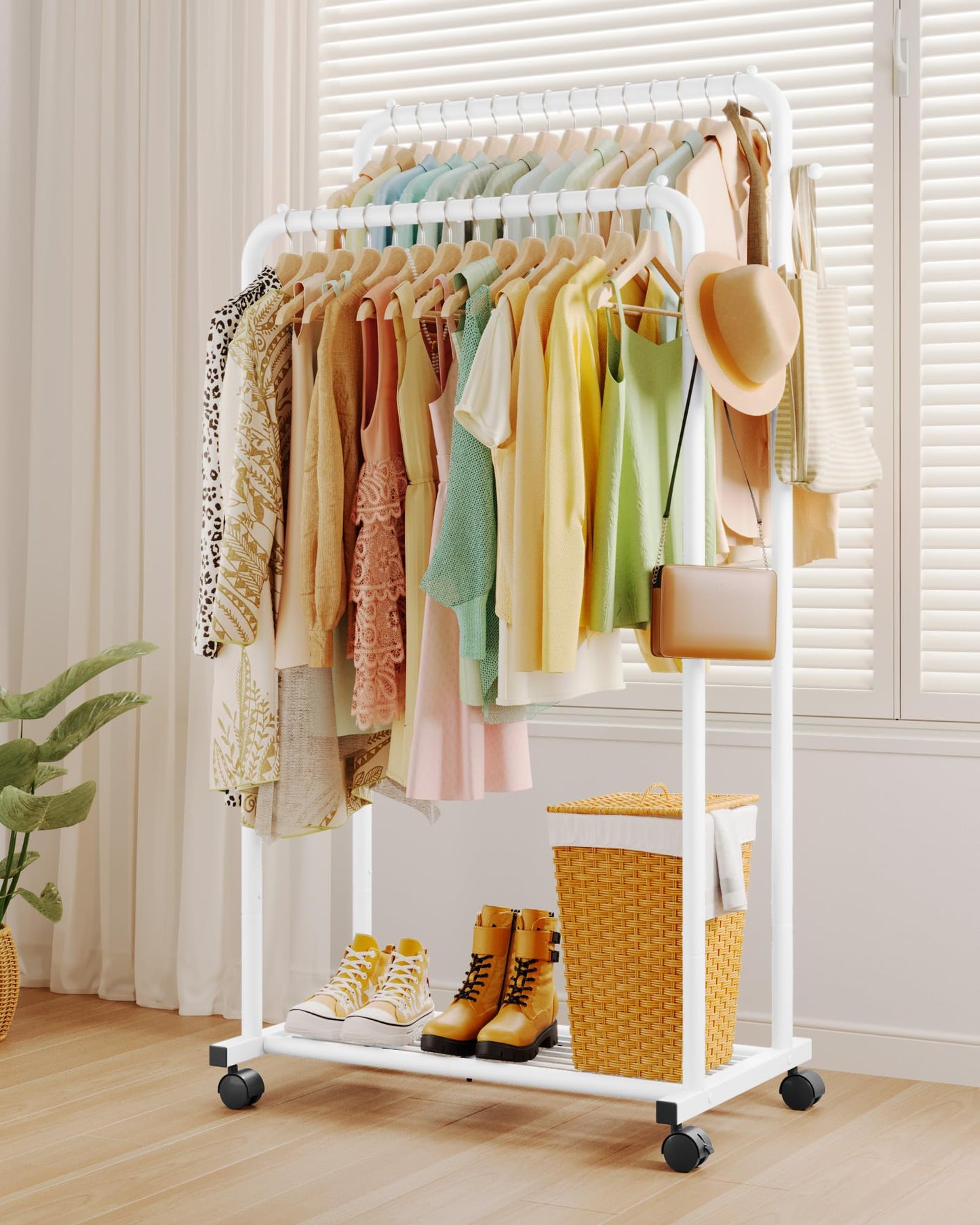 Sakugi Double Rod Clothing Rack Shoe Shelf & Hooks, 73x42x150cm, White