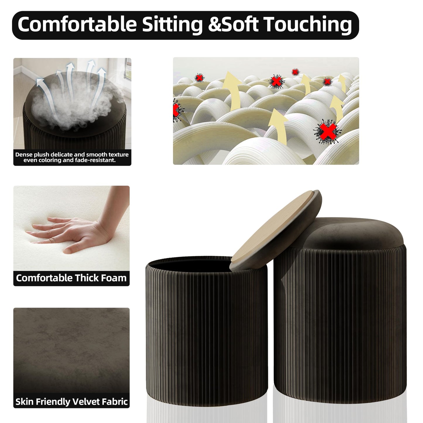 Caroeas Round Storage Ottoman Stools, Velvet Vanity Foot Stools with 300lbs
