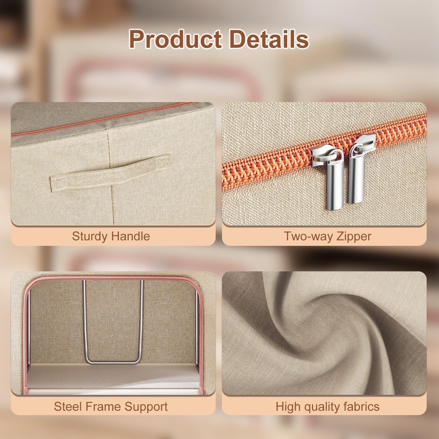 Douzi 2 Pack Clothes Storage Boxes Closet Organizers and Storage, Foldable Cloth Steel Frame Box for Storing Bedding,Blankets-Khaki-66L