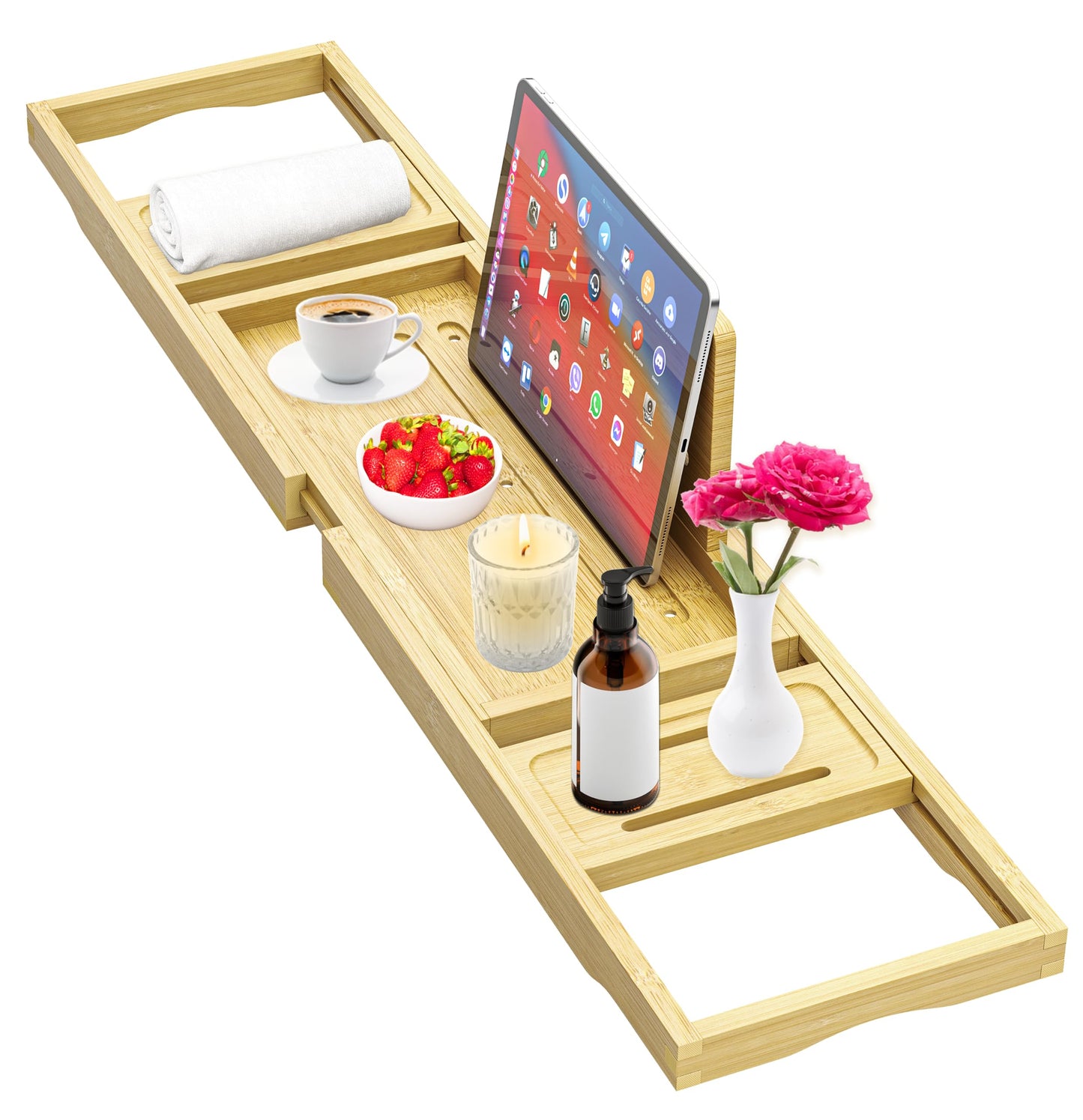 Premium Bathtub Tray - Expandable Bamboo Wooden Bath Trays for Bathub - Bath Tub Table Tray for Bathtub/Tub,Adjustable Size, Fits Most Tubs
