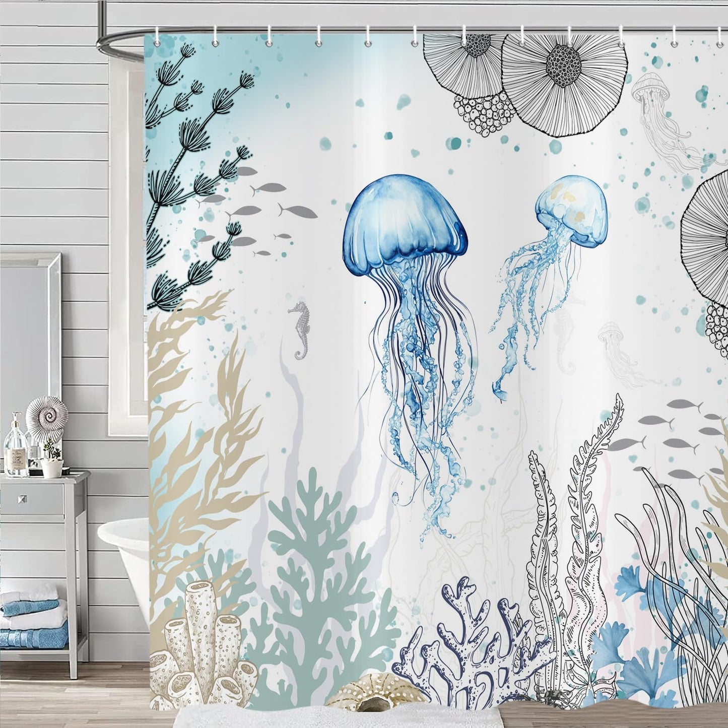 ASDCXZ Jellyfish Shower Curtain 180x200 cm, Watercolor Jellyfish Underwater Coral Summer Ocean Nautical Waterproof Bath Curtain Polyester Textile
