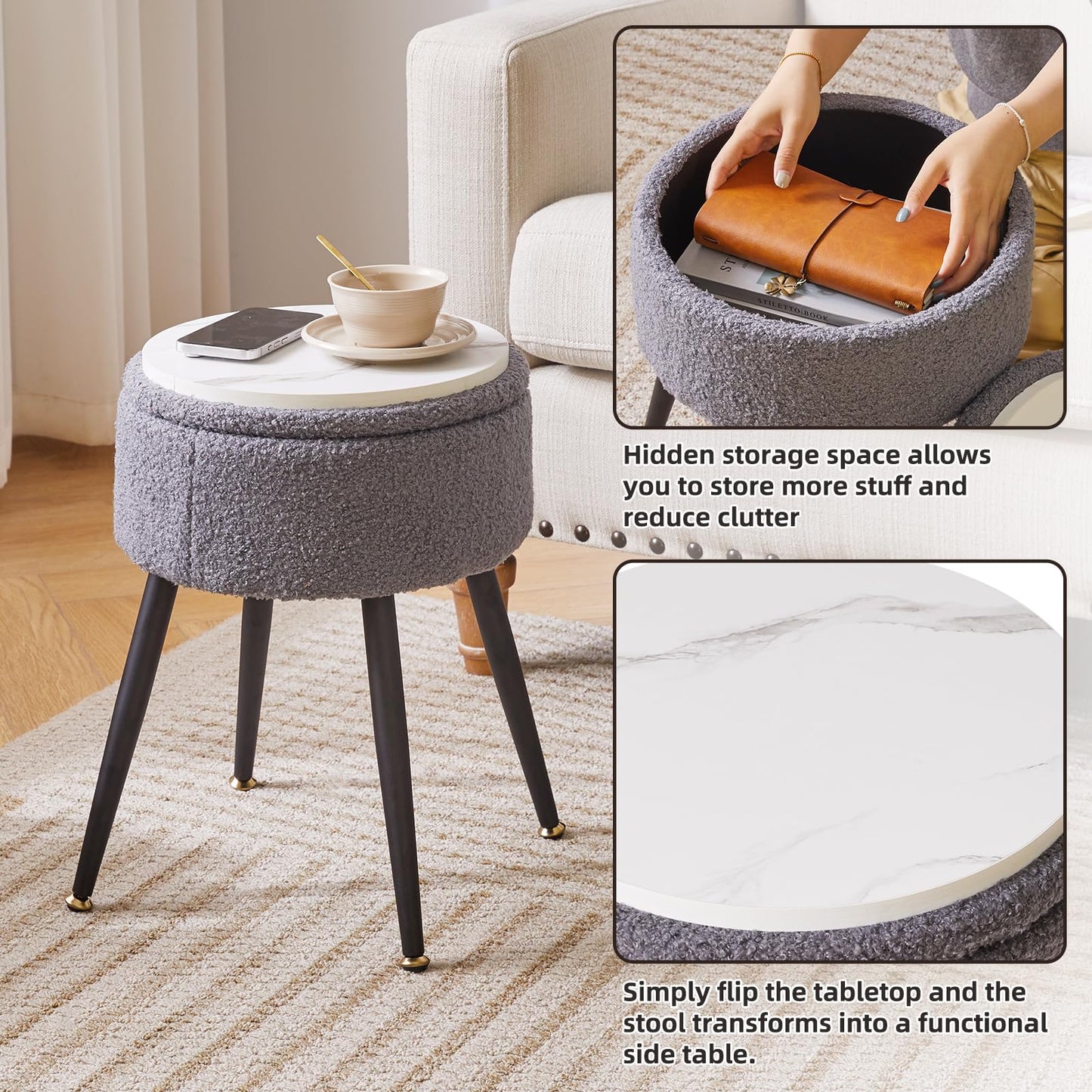 Aibiju Dressing Table Chair with Storage Space, Round Faux Teddy Fur Footrest Footstool Ottoman with 4 Metal Legs