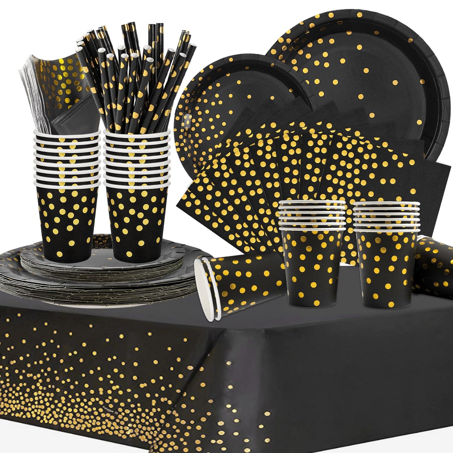 COLANANA Party Supplies,Party Tableware Set,Black Gold Birthday Decorations Contain Plates Tablecloth Cups Napkins Paper Straws for Baby Shower
