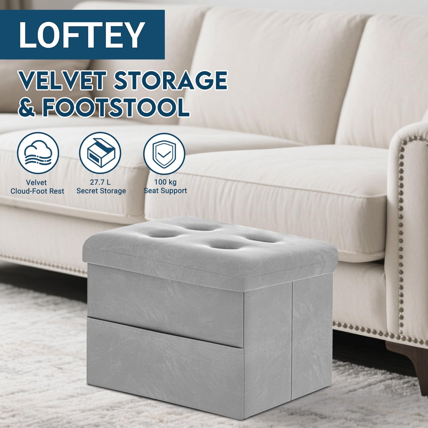 LOFTEY Small Ottoman Storage Box, Foldable Foot Stool with Lid, Grey