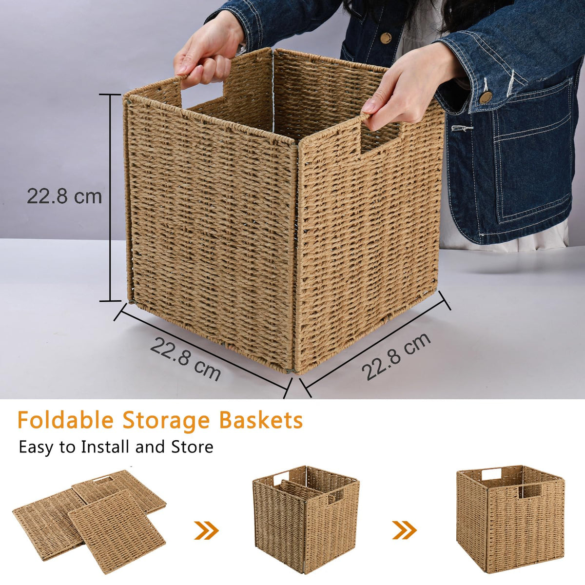 Vagusicc Wicker Storage Basket, Set of 2 Handwoven Wicker Basket for Storage, Foldable Storage Baskets Organizer Bins with Handles for Shelves