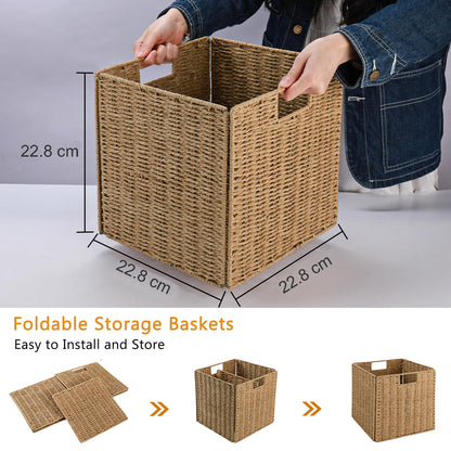 Vagusicc Wicker Storage Basket, Set of 2 Handwoven Wicker Basket for Storage, Foldable Storage Baskets Organizer Bins with Handles for Shelves