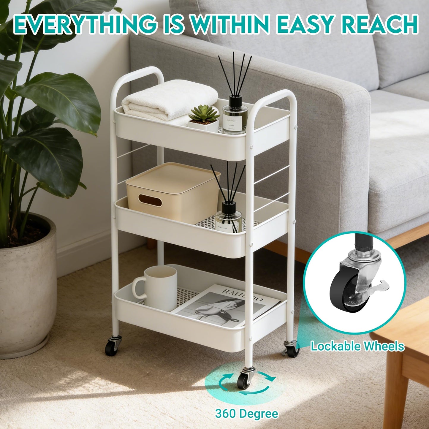 ZOESTORAGE 3 Tier Trolley Cart,Metal Storage Trolley on Wheels for Kitchen,Laundry,Bedroom and Storage Cart for Book,Veg,Snack,White
