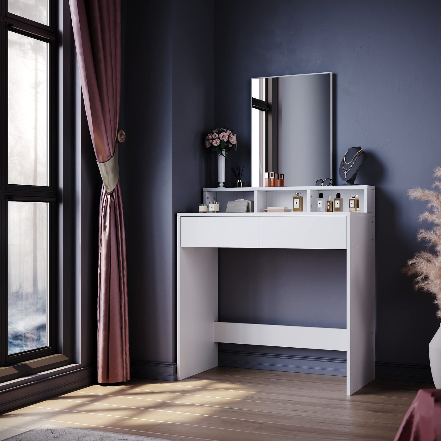 ELEGANT Dressing Table with Mirror and 2 Drawers, White Makeup Vanity Desk for Bedroom, Vanity Table Set with 3 Open Storage Compartments