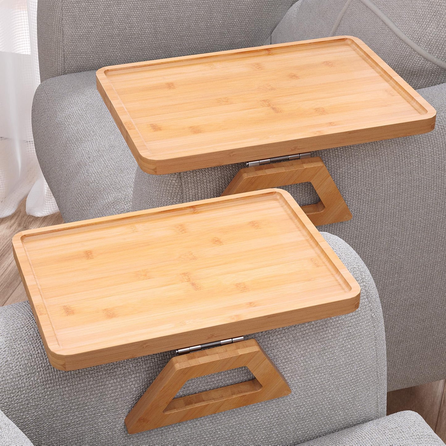 Fibogollo 2 Pack Couch Arm Tray,Bamboo Folding Sofa Tray,Sofa Armrest Tray Clip-On Couch Desk for Drinks,Snacks,Phone,Remote Control（Natural）