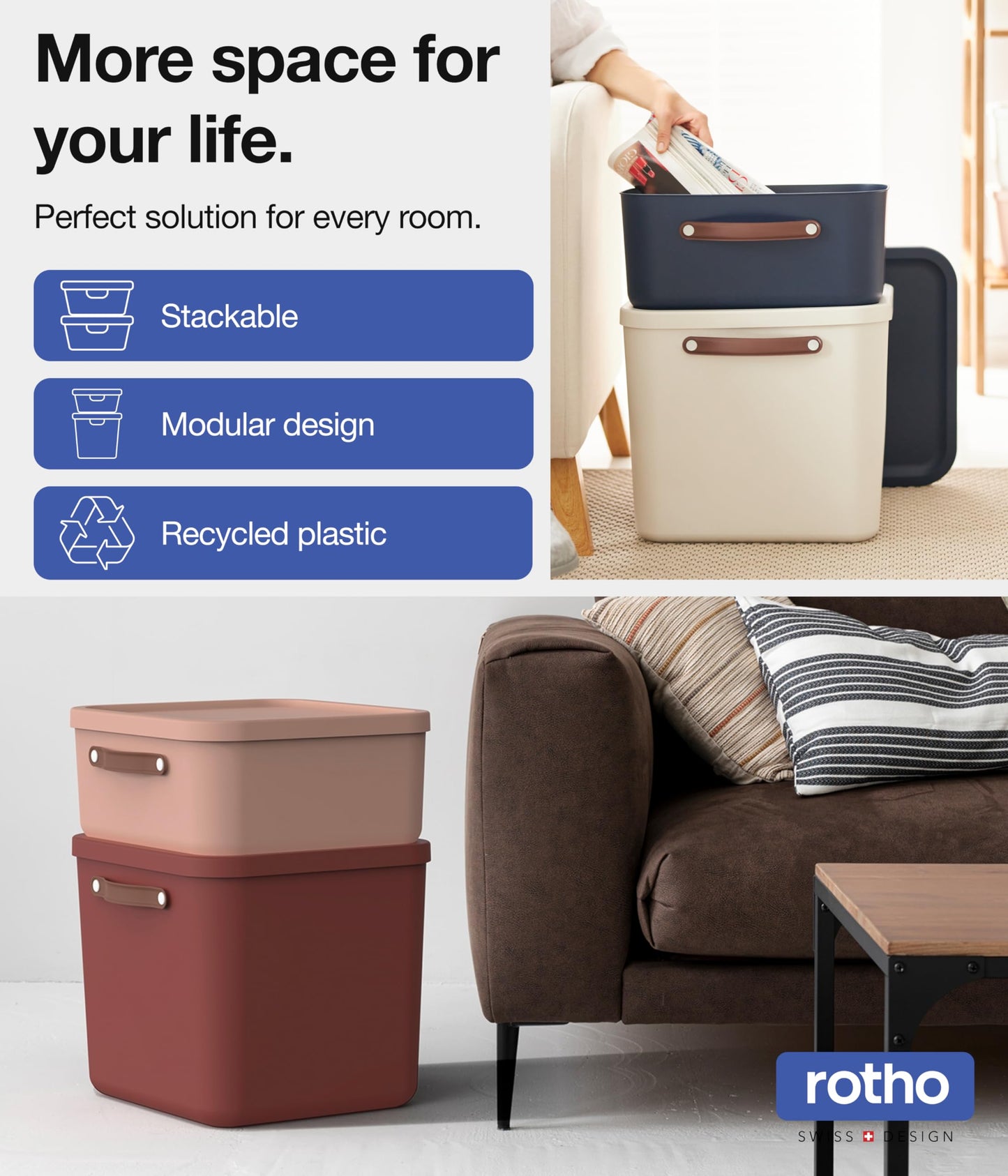 Rotho Maloja 40l Stackable Plastic Storage Box, Blue (Recycled PP), 39.5 x 38.0 x 34.0 cm
