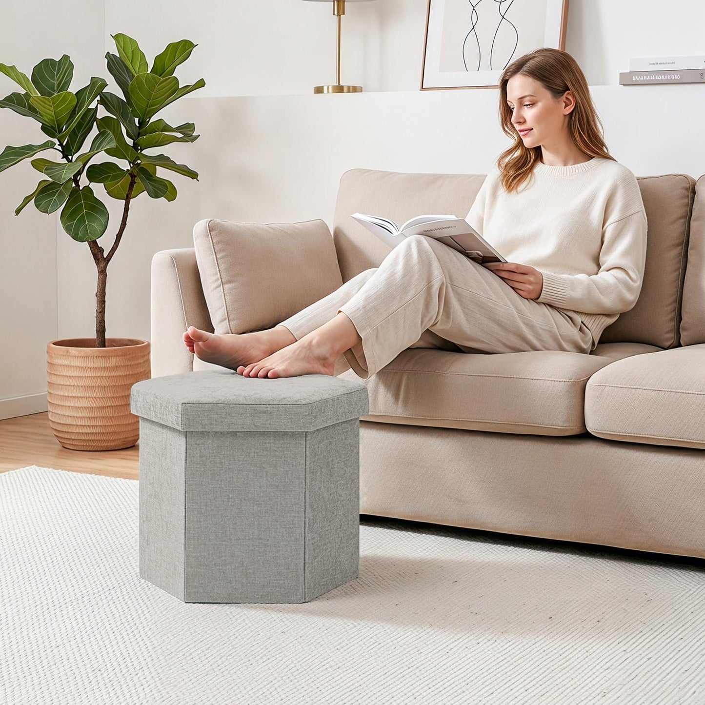 PINPLUS Chenille Ottoman Storage Box, Hexagonal Folding Stool, Silver Grey