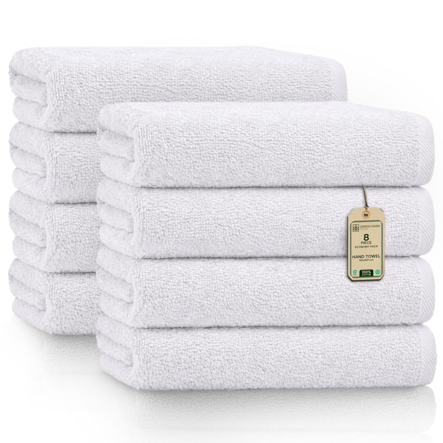 GREEN MARK Hand Towels - Set of 8 – 100% Cotton, Soft & Absorbent, Premium Quality for Bathroom, Spa and Gym, 50 × 100 cm, White