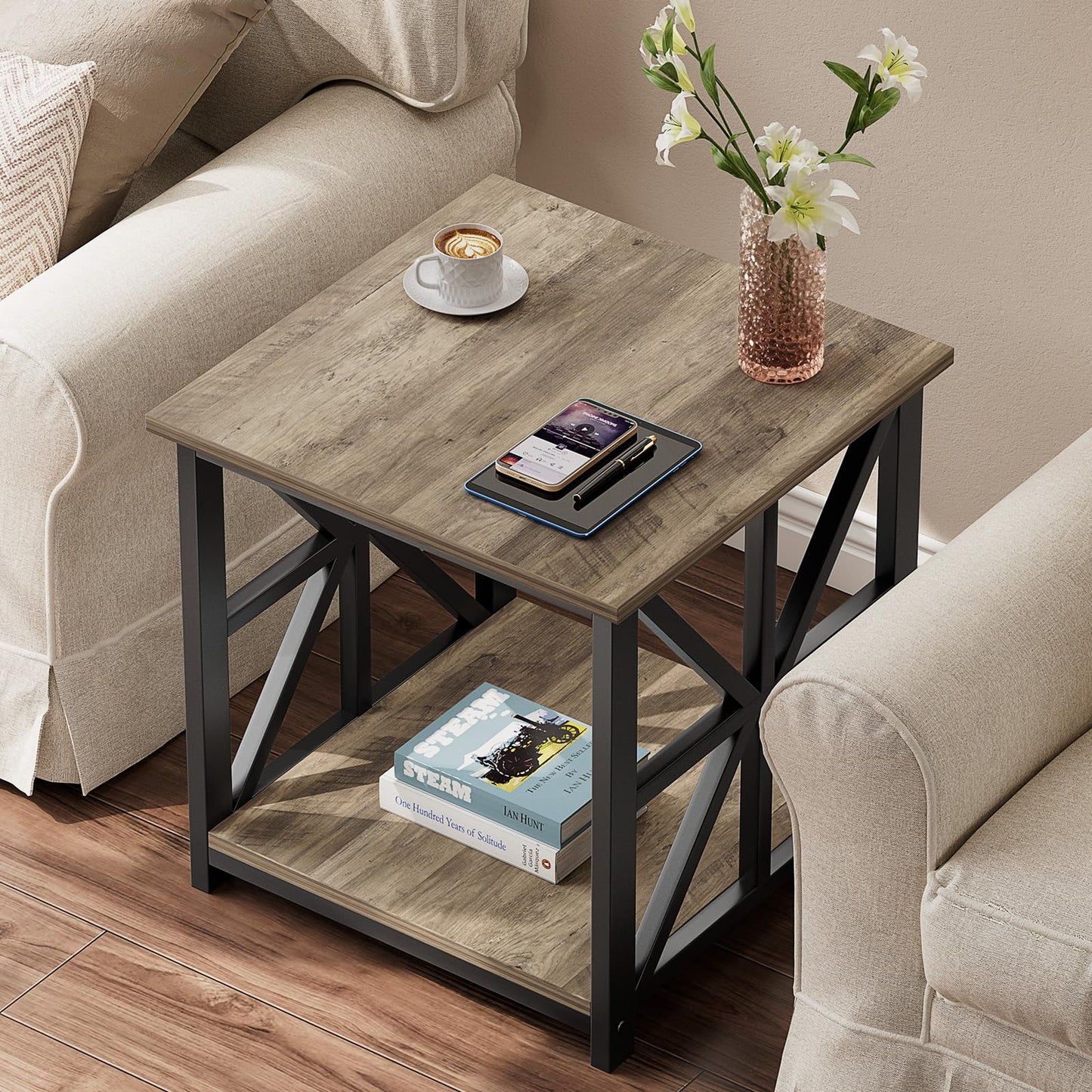 GreenForest Side Table 50cm 2-Tier Storage for Living Room, Grey