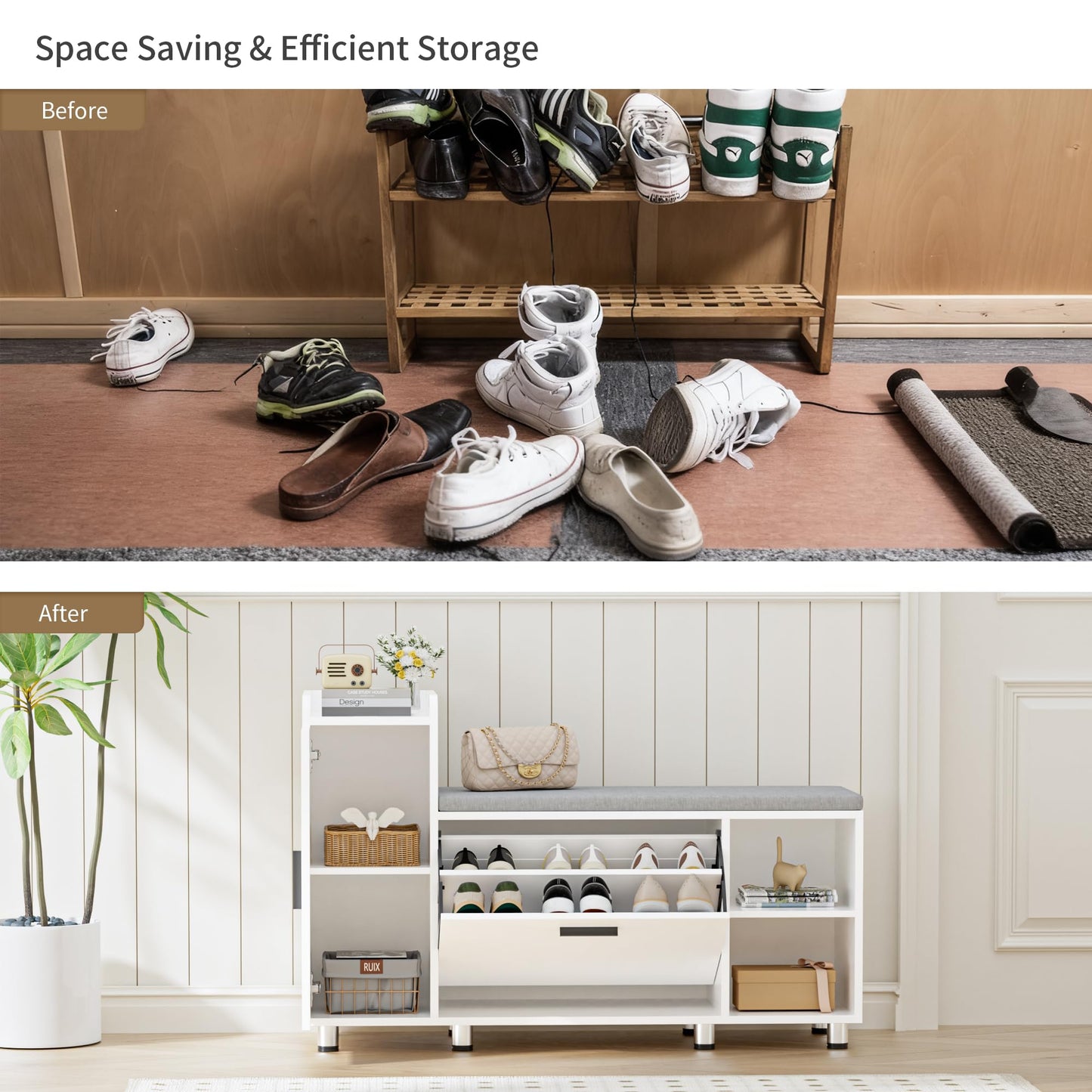 BonVache Shoe Storage Bench with Cushion, White Shoe Bench 105cm Lounge with 2 Shelves and 4 Compartments, Hallway Storage Unit with Seat, Living Room