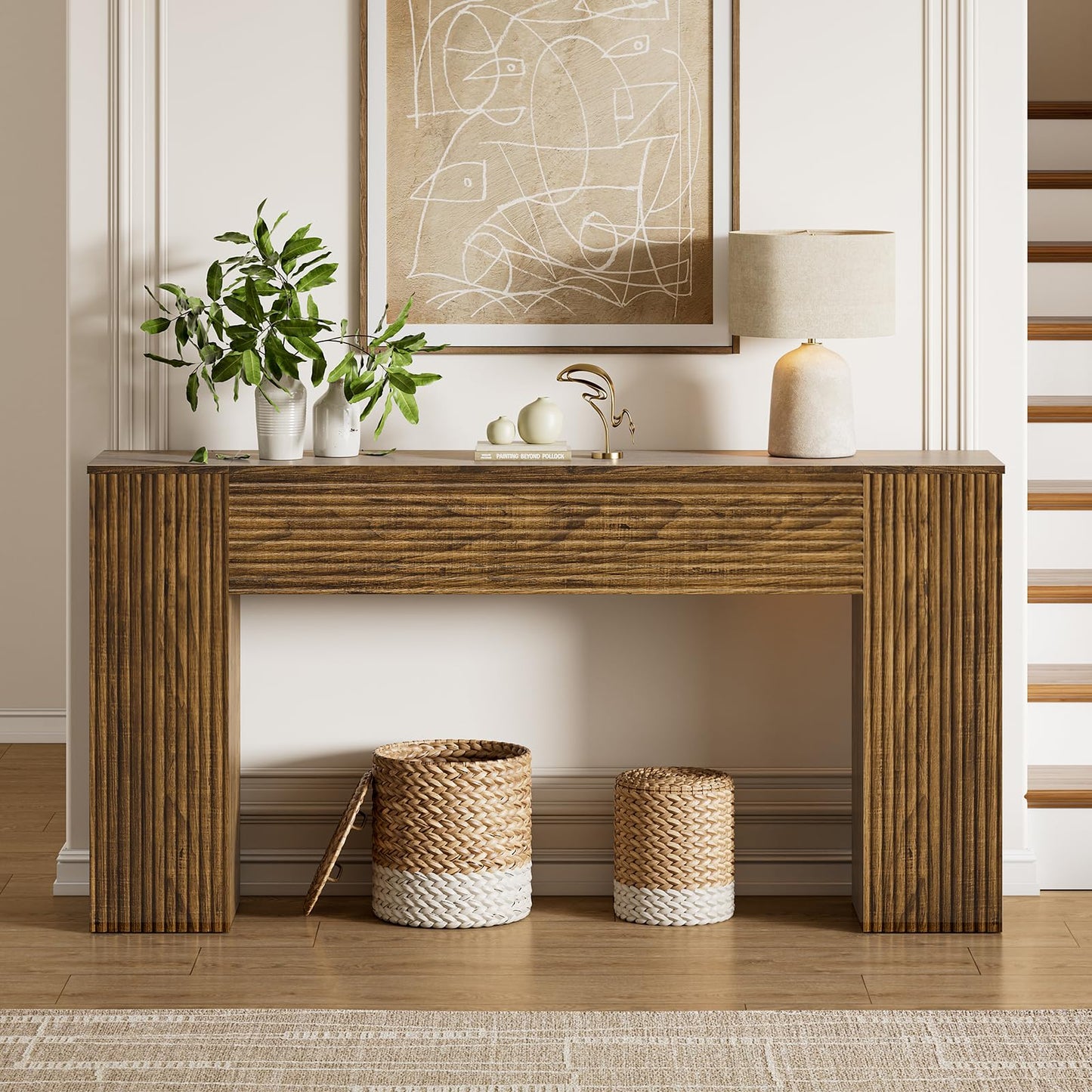 Mossora 155cm Brown Fluted Narrow Console Table with Storage Cabinets