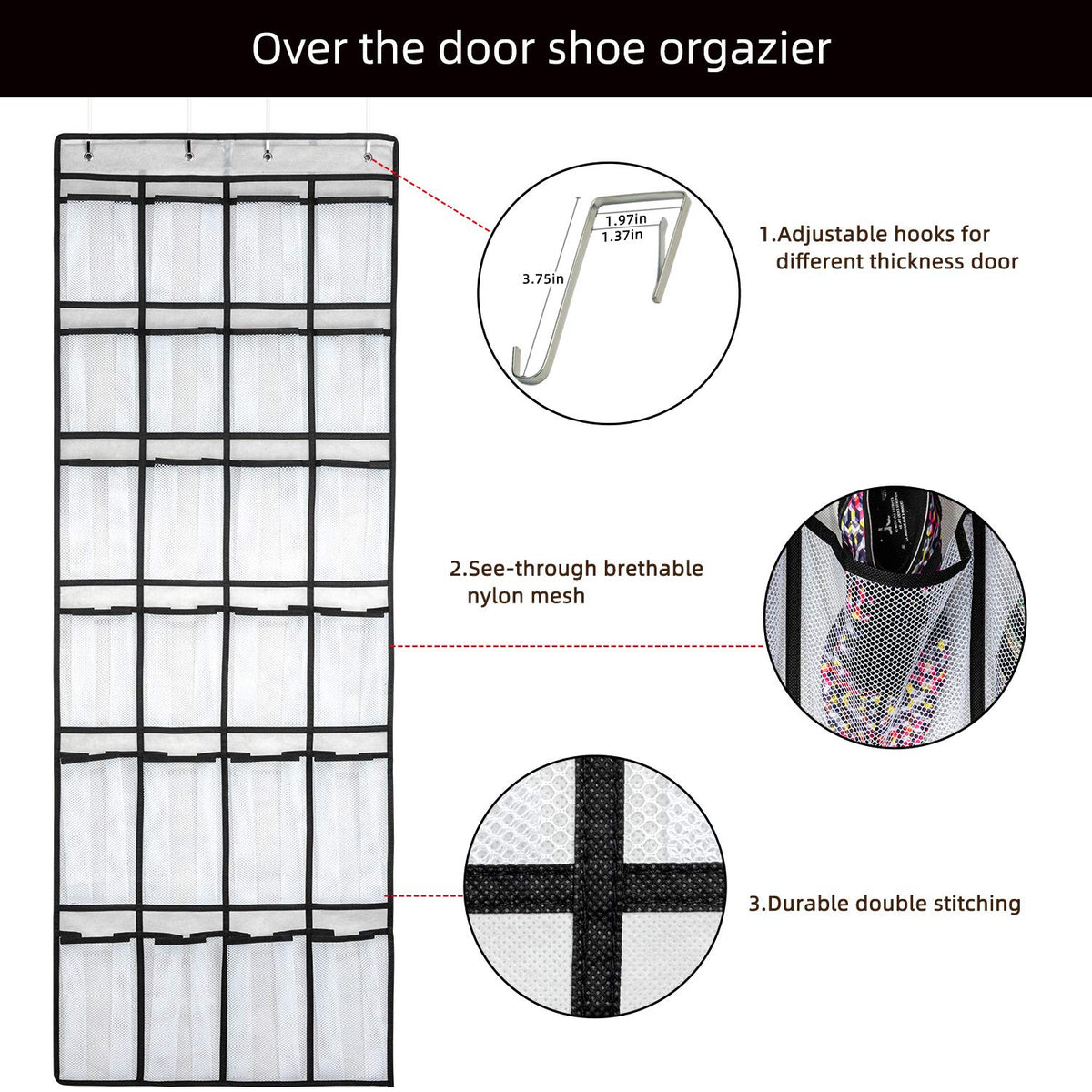 SAVERHO Hanging Shoe Organizer, Over The Door Shoe Organizer with 24 Mesh Large Pockets Door Shoe Rack for Men Women Kids Hanging Door Shoe Holder