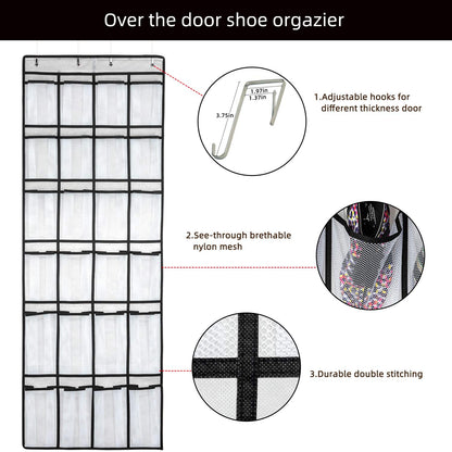 SAVERHO Hanging Shoe Organizer, Over The Door Shoe Organizer with 24 Mesh Large Pockets Door Shoe Rack for Men Women Kids Hanging Door Shoe Holder
