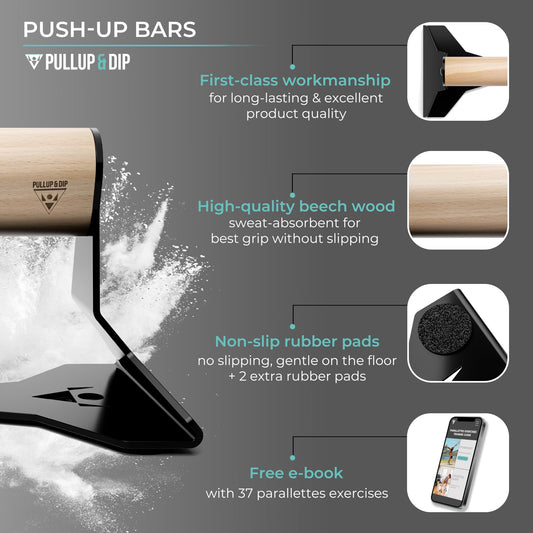 PULLUP & DIP Parallettes - Push Up Handles with Ergonomic Wooden Handles & Heavy-Duty Steel - Non-slip Parallettes Bars for Strength Training and