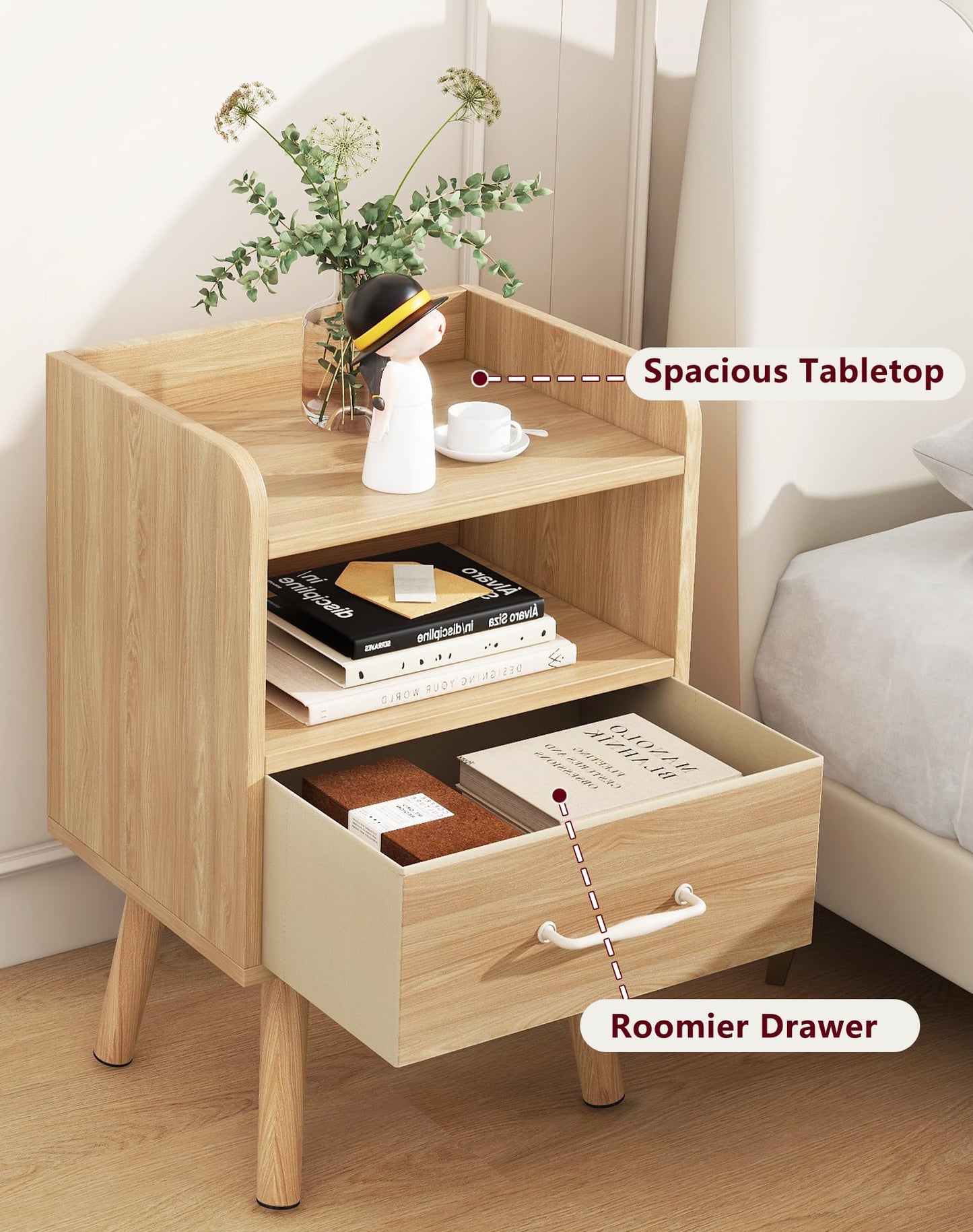 YMYNY Bedside Table Set of 2, Nightstand, Side Table, Wooden Sofa End Table with Fabric Drawer, Open Shelf, Solid Wood Legs, 39x29x63 cm, for Bedroom