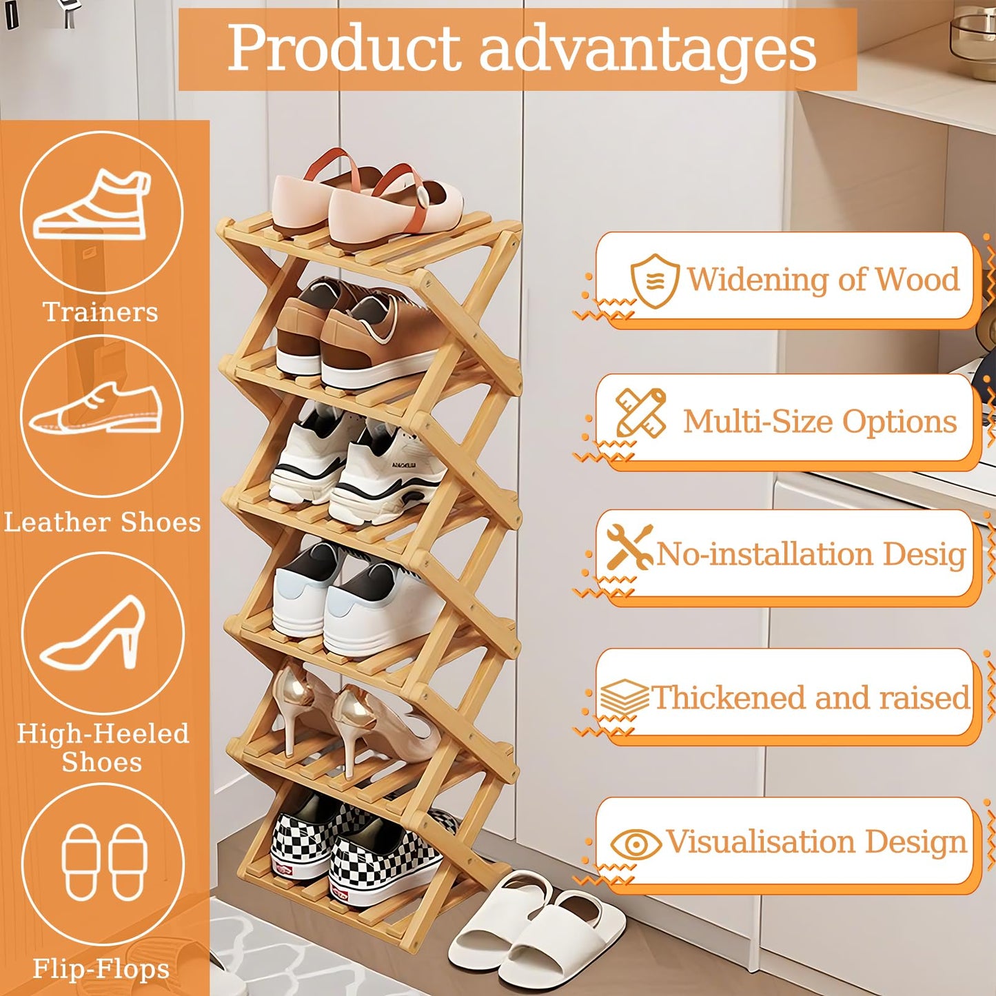 Kiss Me 8-Tier Bamboo Foldable Shoe Rack Vertical Narrow