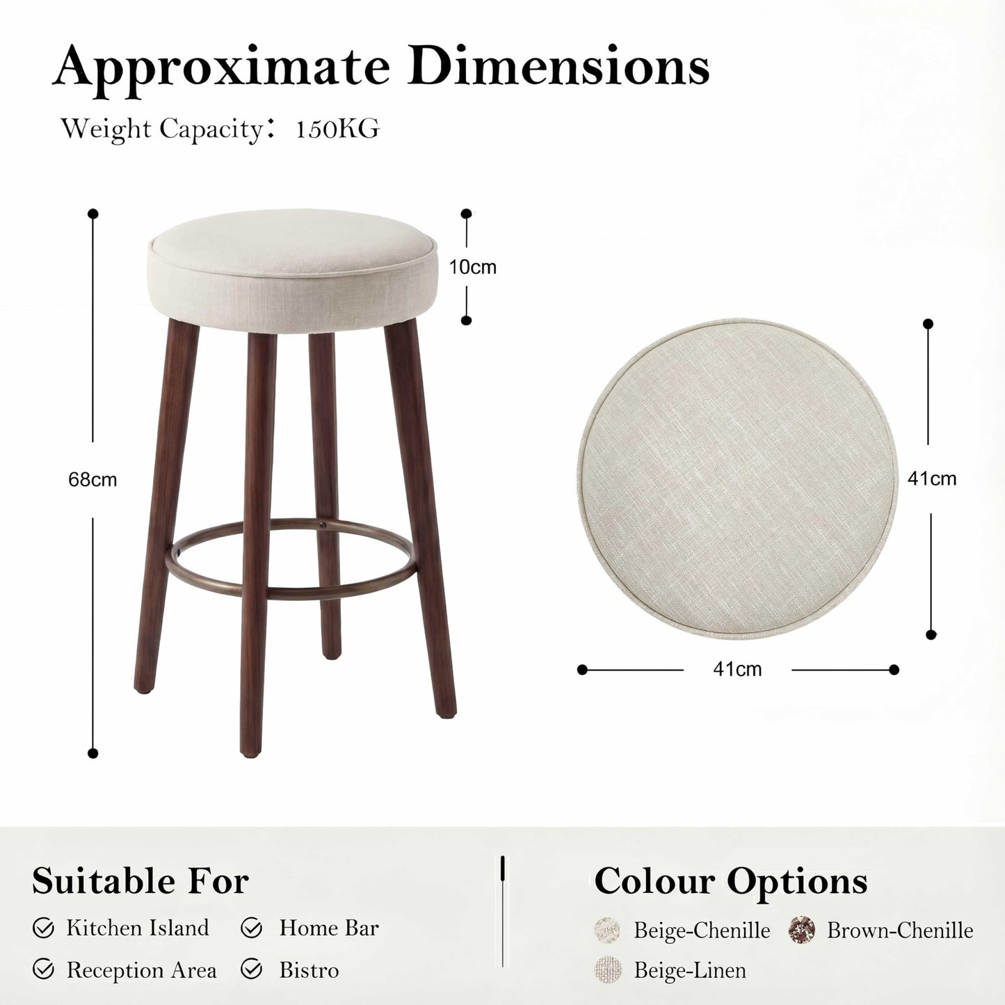 younturn Set of 2 Linen Bar Stools, 68cm Counter Height Upholstered Kitchen Bar Chairs with Solid Wood Legs