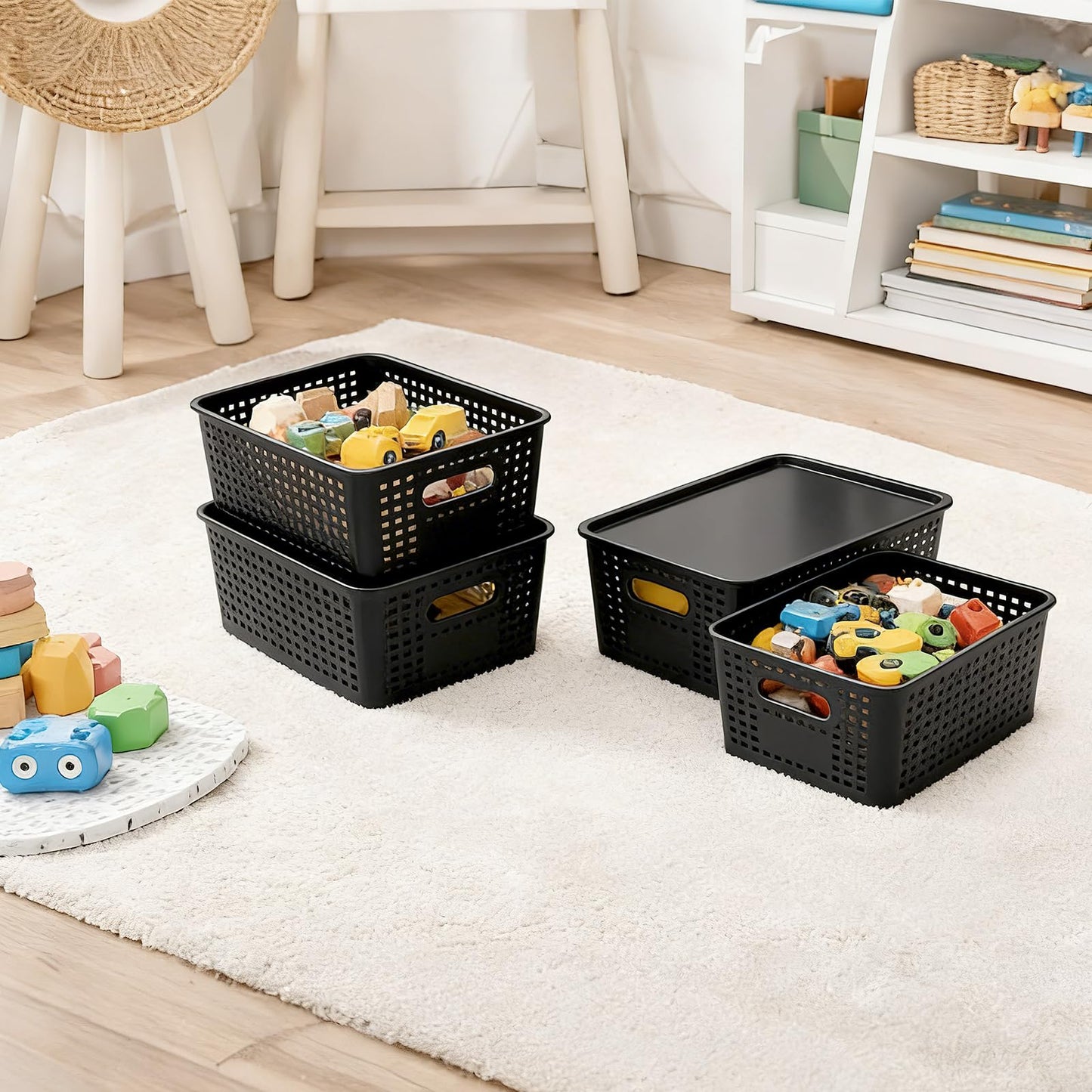 8 Pack Plastic Storage Basket with Lids, Stackable Storage Bins Containers, Decorative Storage Boxes Bulk for Organizing Shelves, Bathroom, Classroom