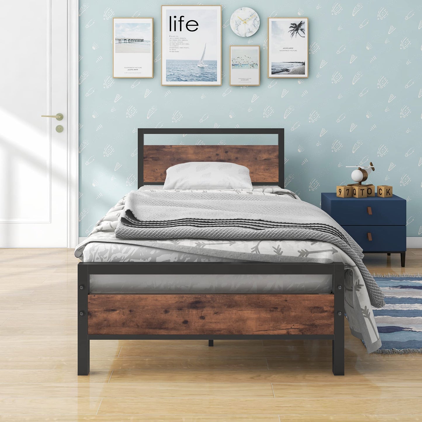BOFENG 3ft Single Bed Frames Solid Bedstead Base with Wood Headboard,Heavy Duty Metal Platform Bed Frame No Box Spring Needed,Mattress Base/Metal Slat