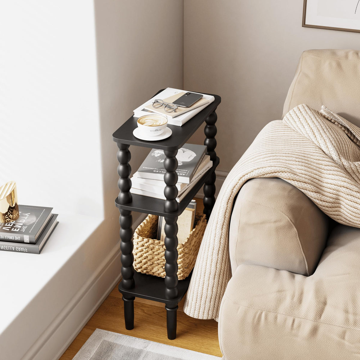 JERX 3-Tier Narrow Side Table Small End Table Black