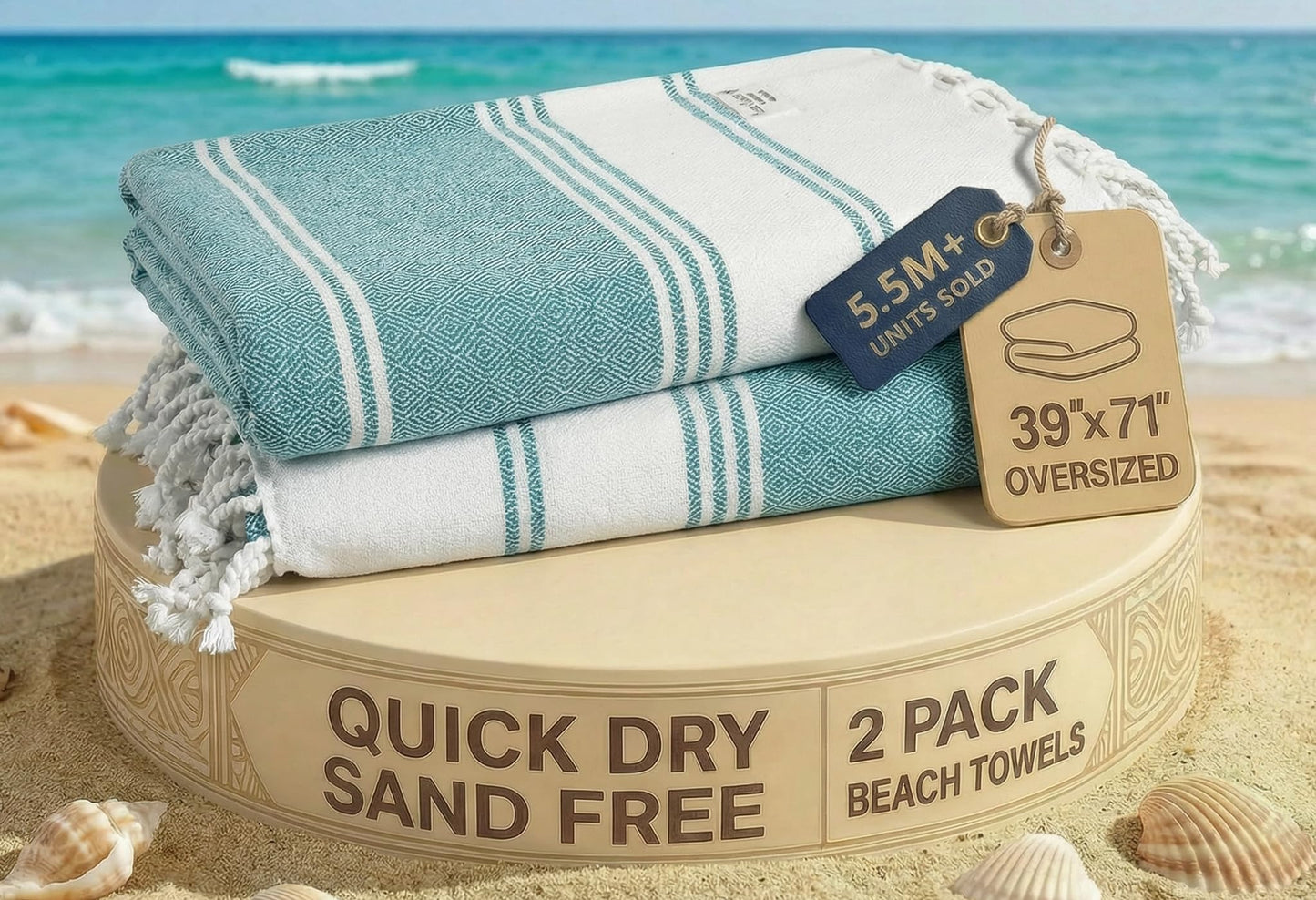 LANE LINEN Turkish Beach Towels, 2 Pack Extra Large Beach Towel, Pre-Washed for Soft Feel, Cotton Rich Oversized Sand Free Quick-Dry Pool Towel