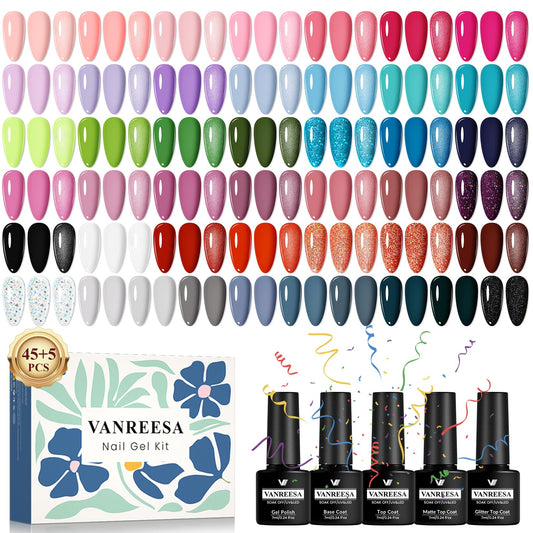 VANREESA Gel Nail Polish Set, 45+5 PCS Gel Polish Set with Base and Top Coat 45 Colours Pink Lilac Blue Red All Seasons Nail Varnish Set Nail Salon