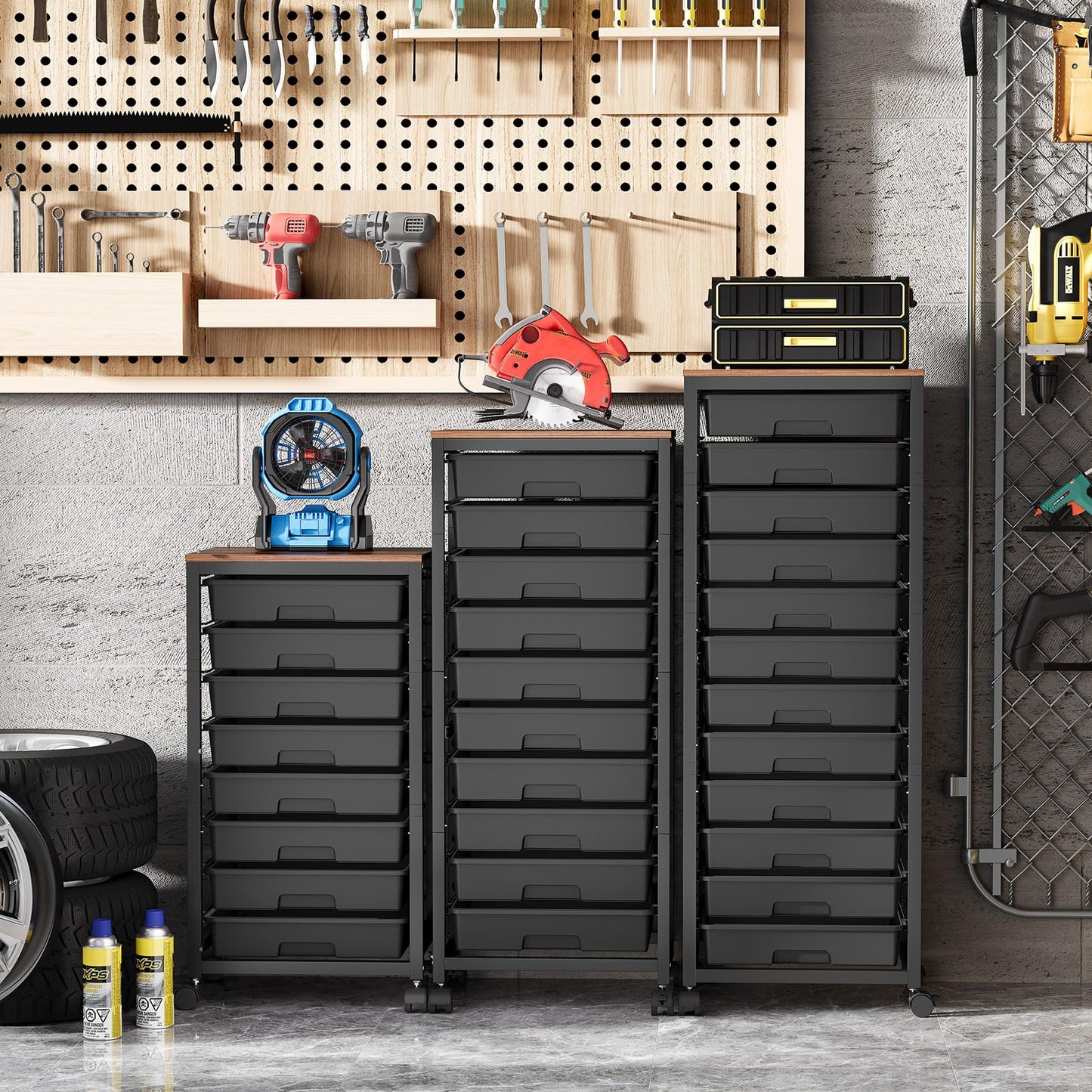 SYKIARIOL 12-Drawer Storage Trolley Rolling Cart with Wooden Top, Black