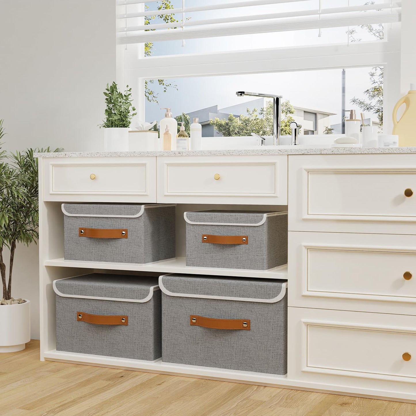 OUTBROS Storage Boxes with Lids 3 Pack, Organiser 26x20x17cm, Grey