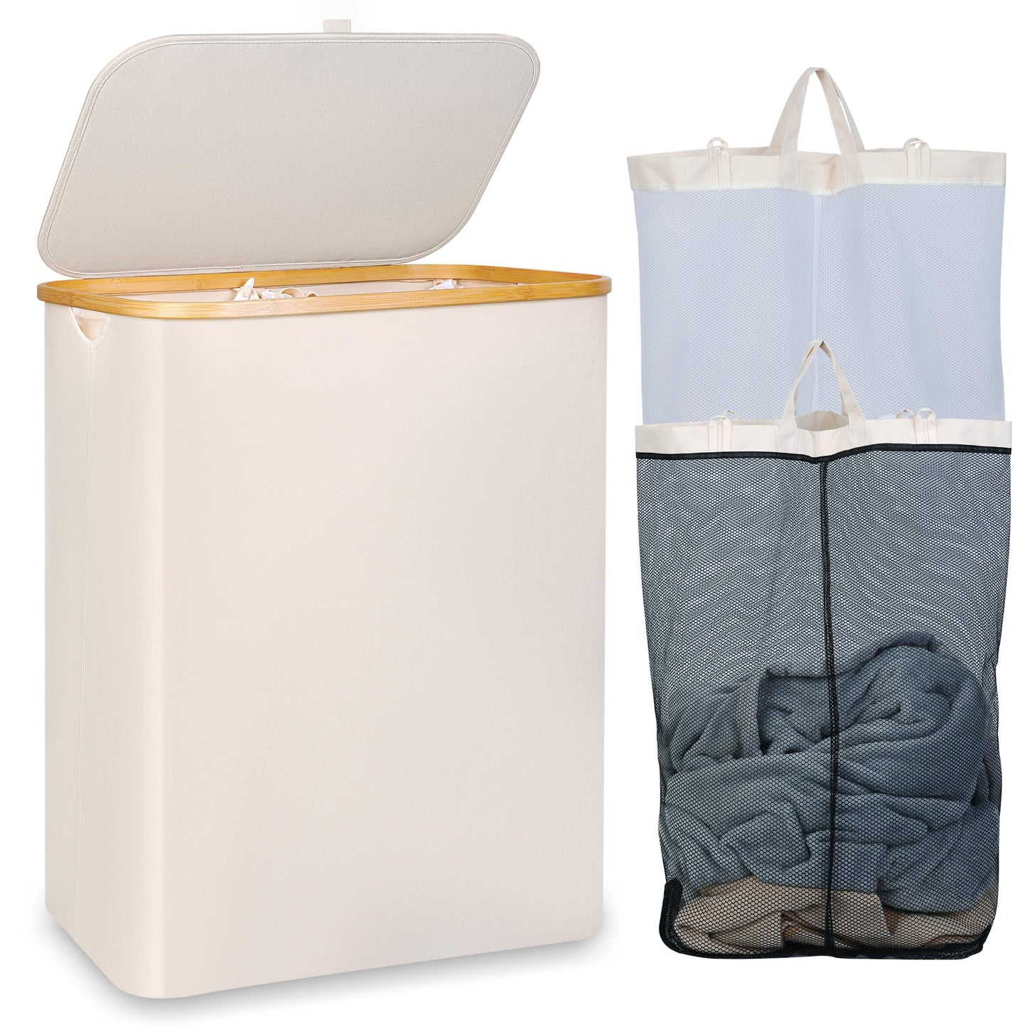 iEGrow Washing Basket for Laundry 150L XLExtra Large 2 Compartments Laundry Basket with Bamboo Handle and Lid, Dirty Clothes Storage Folable Laundry