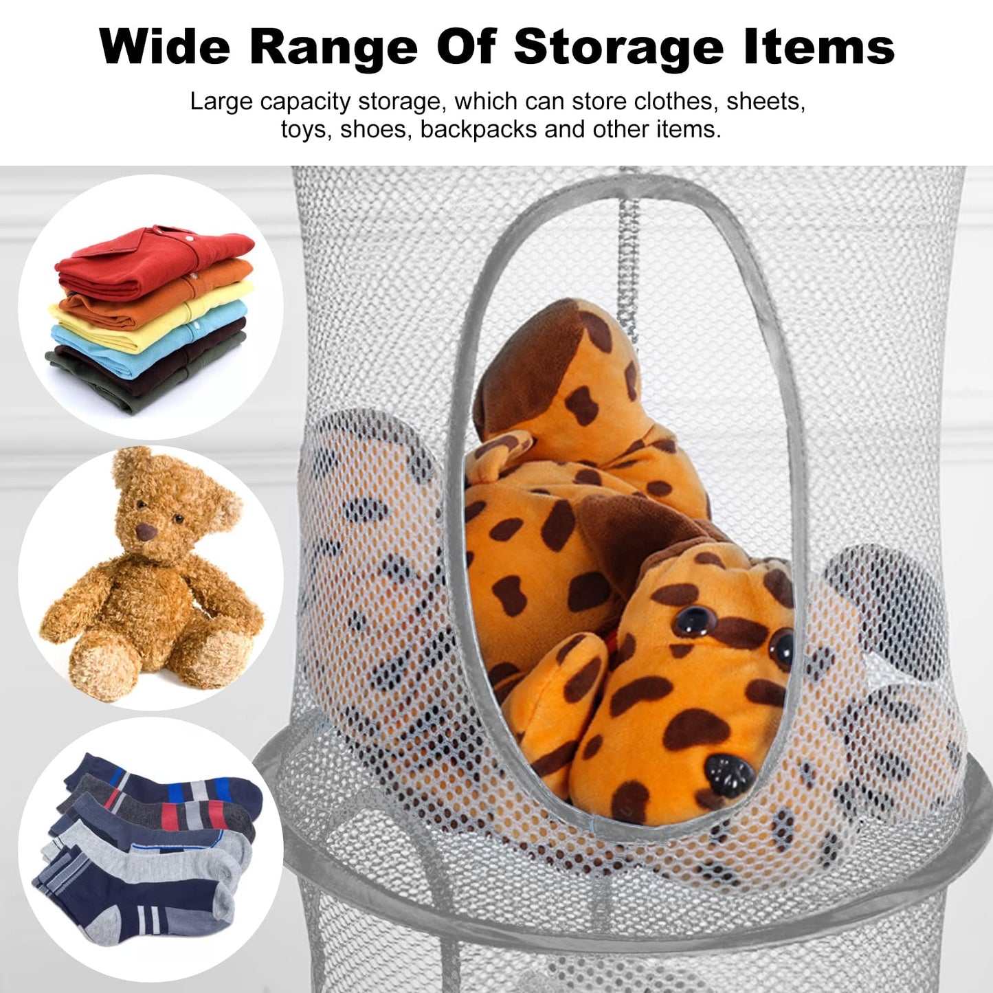 Hanging Mesh Storage Net, 4 Tier Compartments Foldable Hanging Soft Toy Storage Basket Mesh Storage Bag
