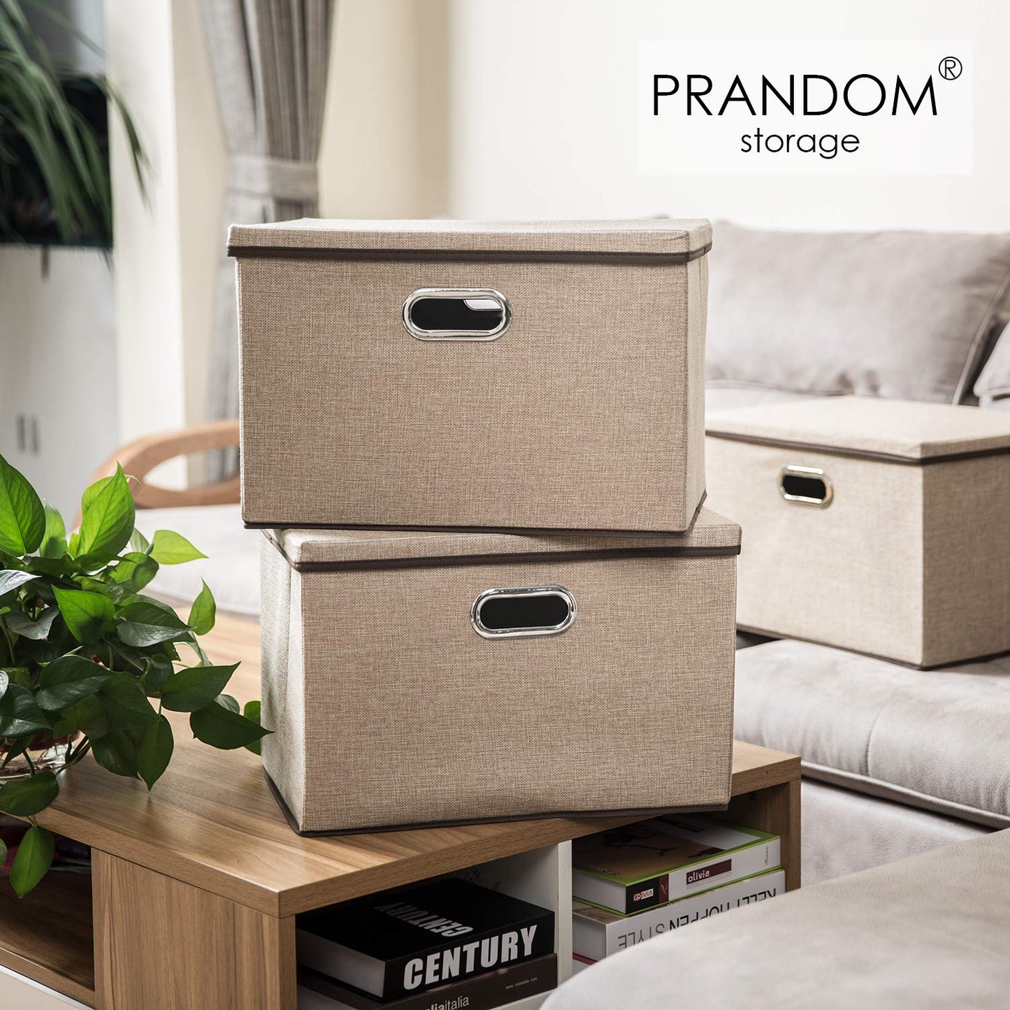 Prandom Storage Boxes with Lids Large,Collapsible Linen Fabric Storage Box,Decorative Bins,Really Useful Box,Clothing