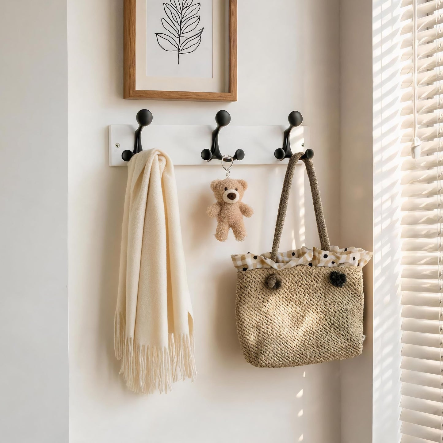 HONSKY Wall Mounted Coat Rack, 43cm White Pine Wood Base, 3 Black Sturdy Aluminium Alloy Triple Hooks (9 Hanging Points)
