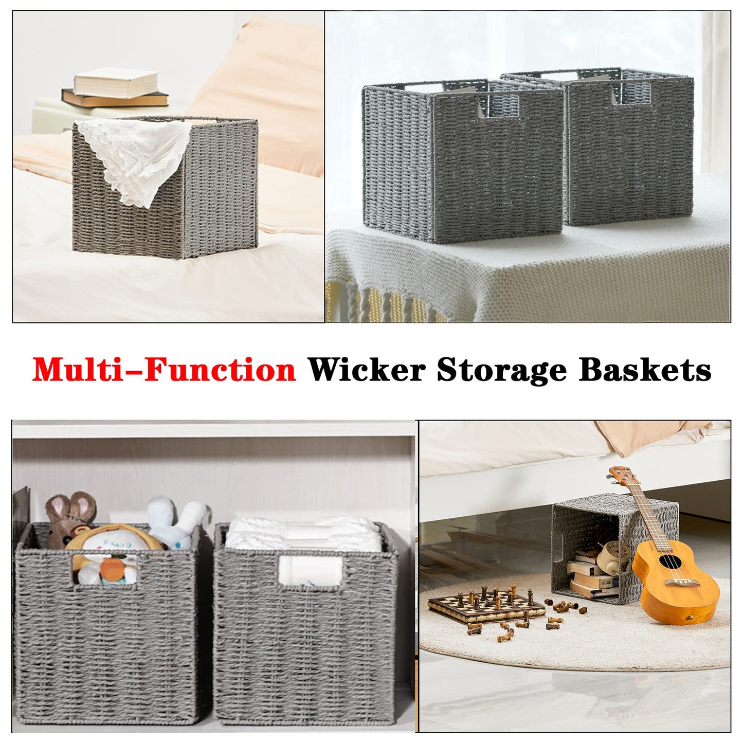 Vagusicc 2-Pack Wicker Storage Basket with Handles, Foldable Storage Organizer Bins for Shelves
